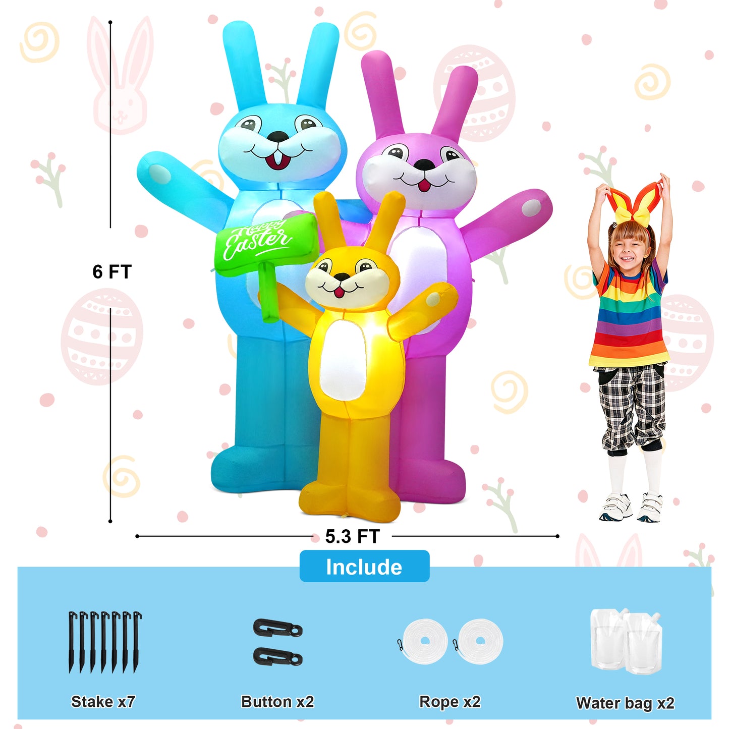 Yexmas 6FT Easter Inflatable Bunny Outdoor Decorations,Colorful Blow-Up Rabbit Family with Built-in LED Lights,Easter Decor for Yard Garden Lawn