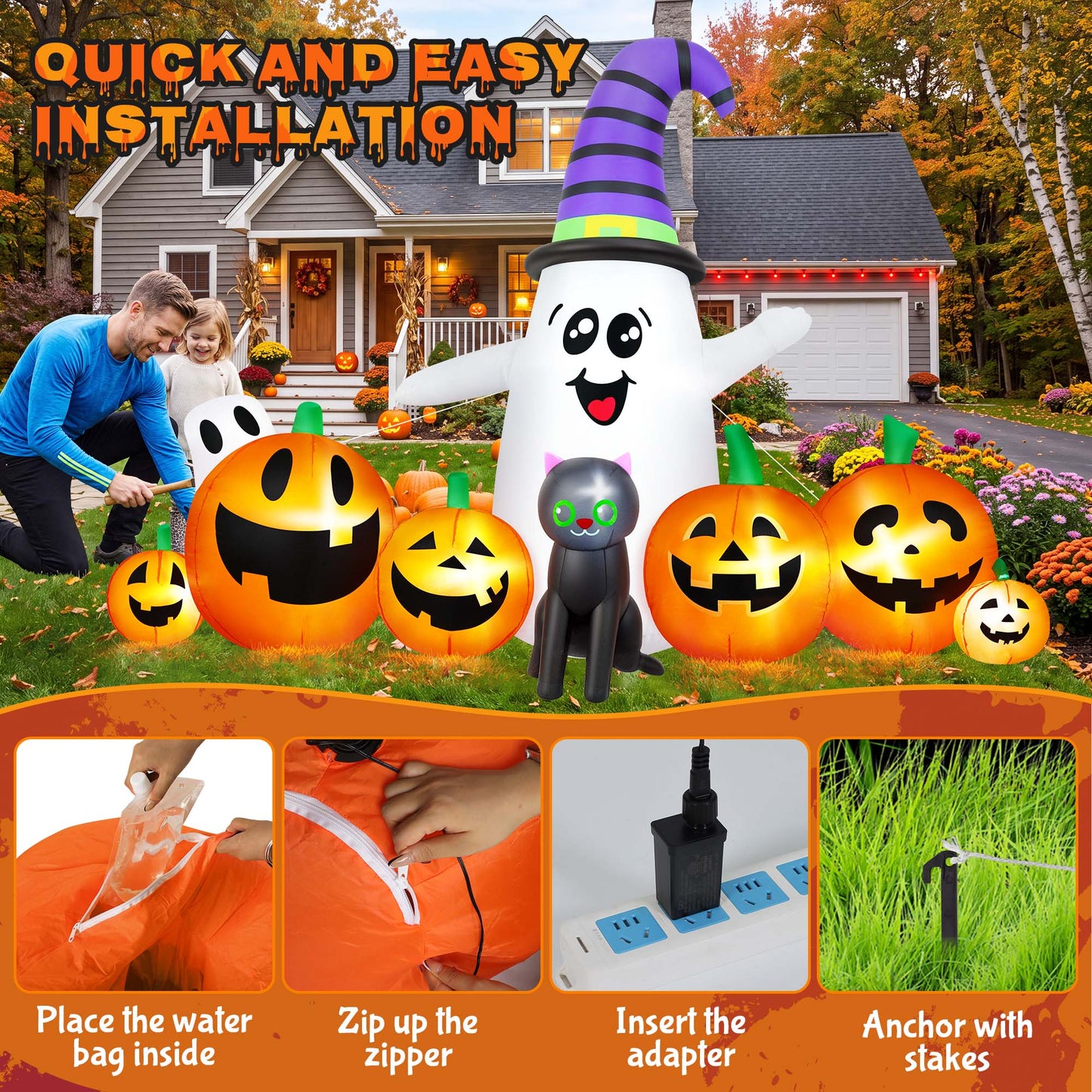Yexmas 8 FT Long Halloween Inflatable Ghost with Witch Hat, 6 Pumpkins Halloween Blow Ups with Black Cat for Halloween Party Outdoor Yard Garden Lawn Decor