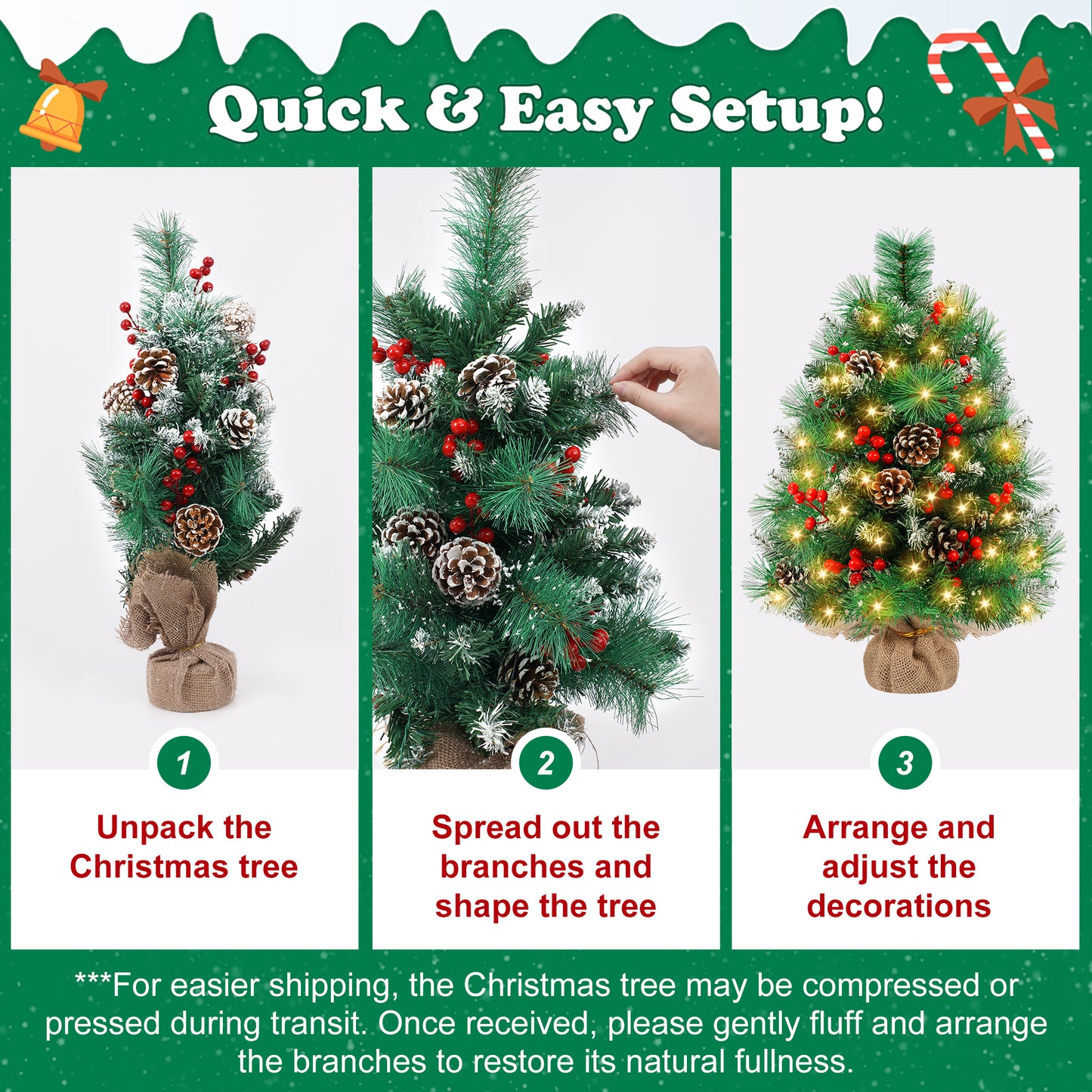 Yexmas 2PCS Pre-lit Artificial Mini Christmas Tree,24 Inch Small Tabletop Xmas Tree for Indoor Outdoor Christmas Decor
