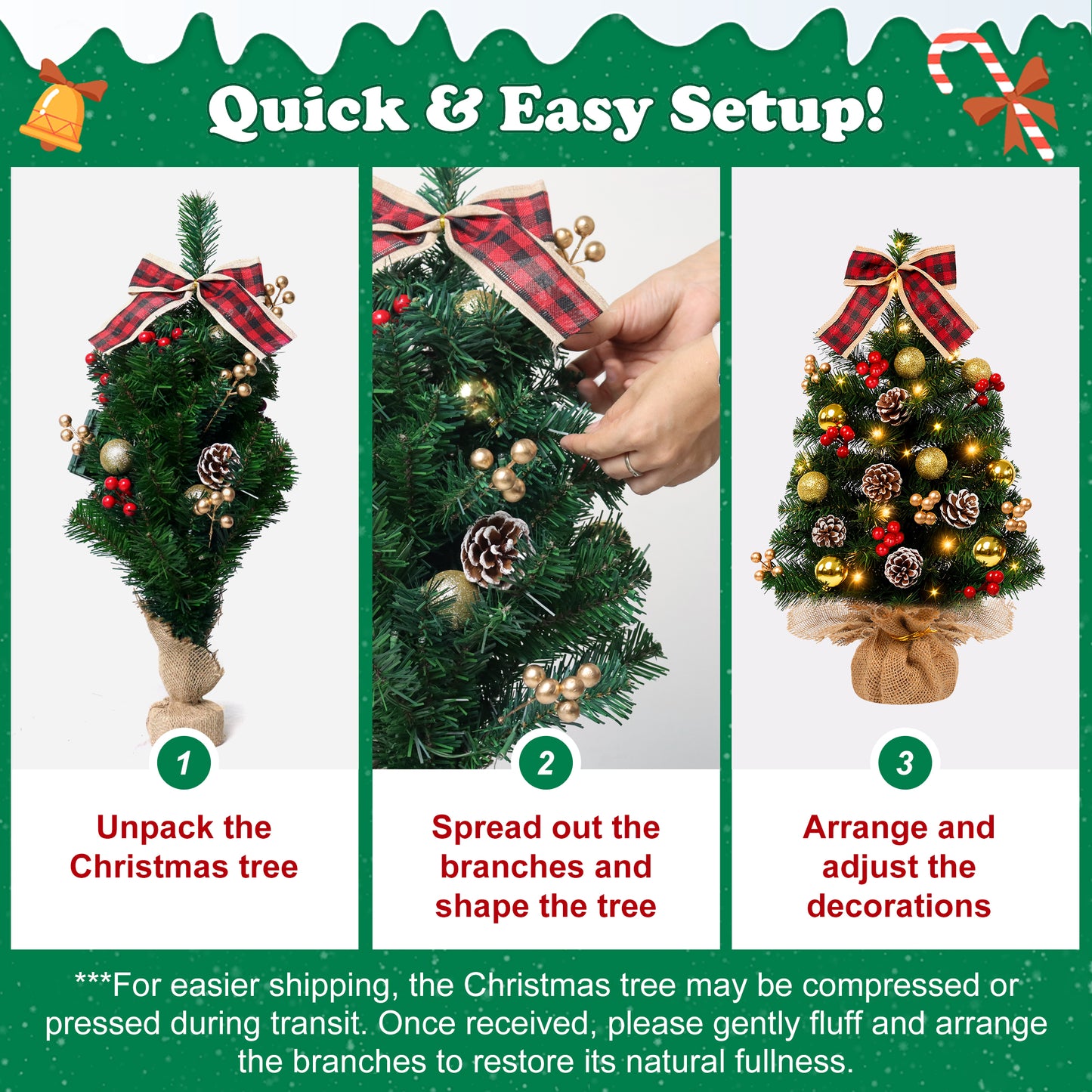 Yexmas 2PCS Pre-lit Artificial Mini Christmas Tree,24 Inch Small Tabletop Xmas Tree for Indoor Outdoor Christmas Decor
