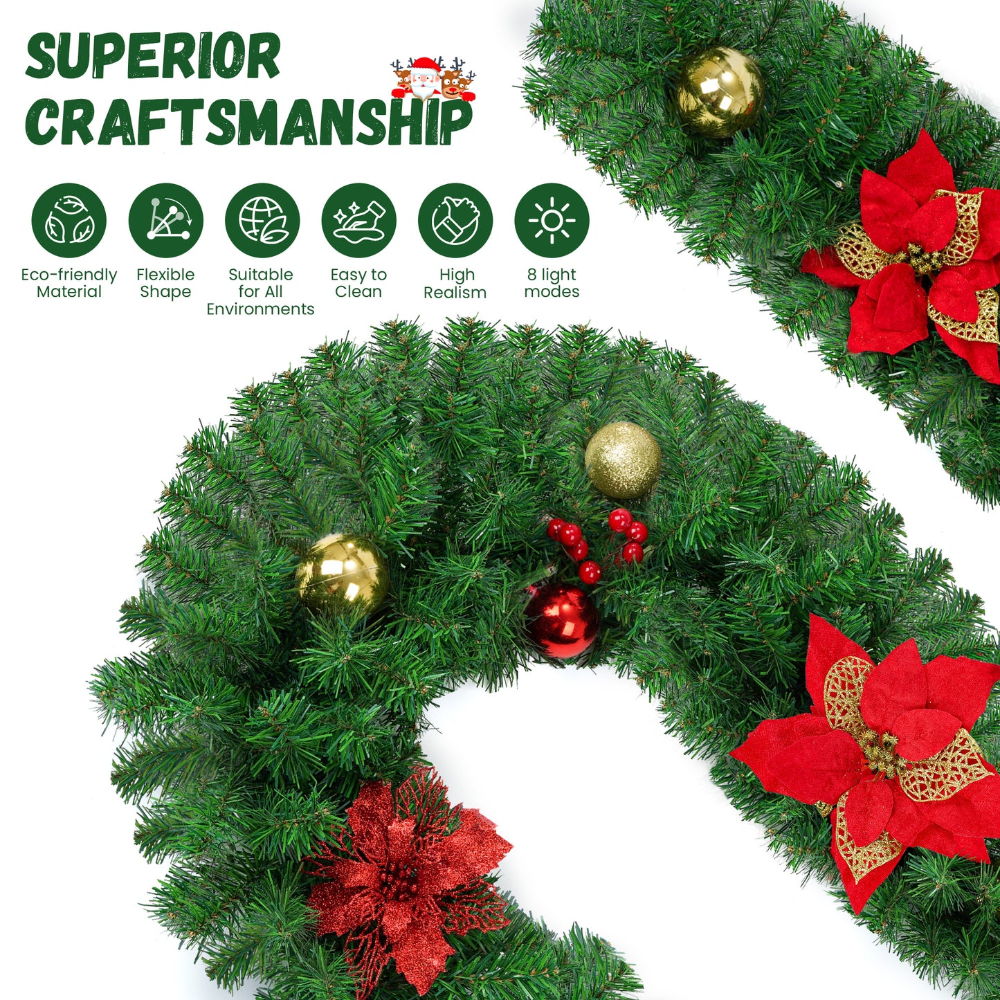 Yexmas 9FT Pre-Lit Christmas Garland with LED Lights,Decorated with Red Poinsettias,Berries and Ball Ornaments,Battery Operated Xmas Garland for Mantel,Stair,Door