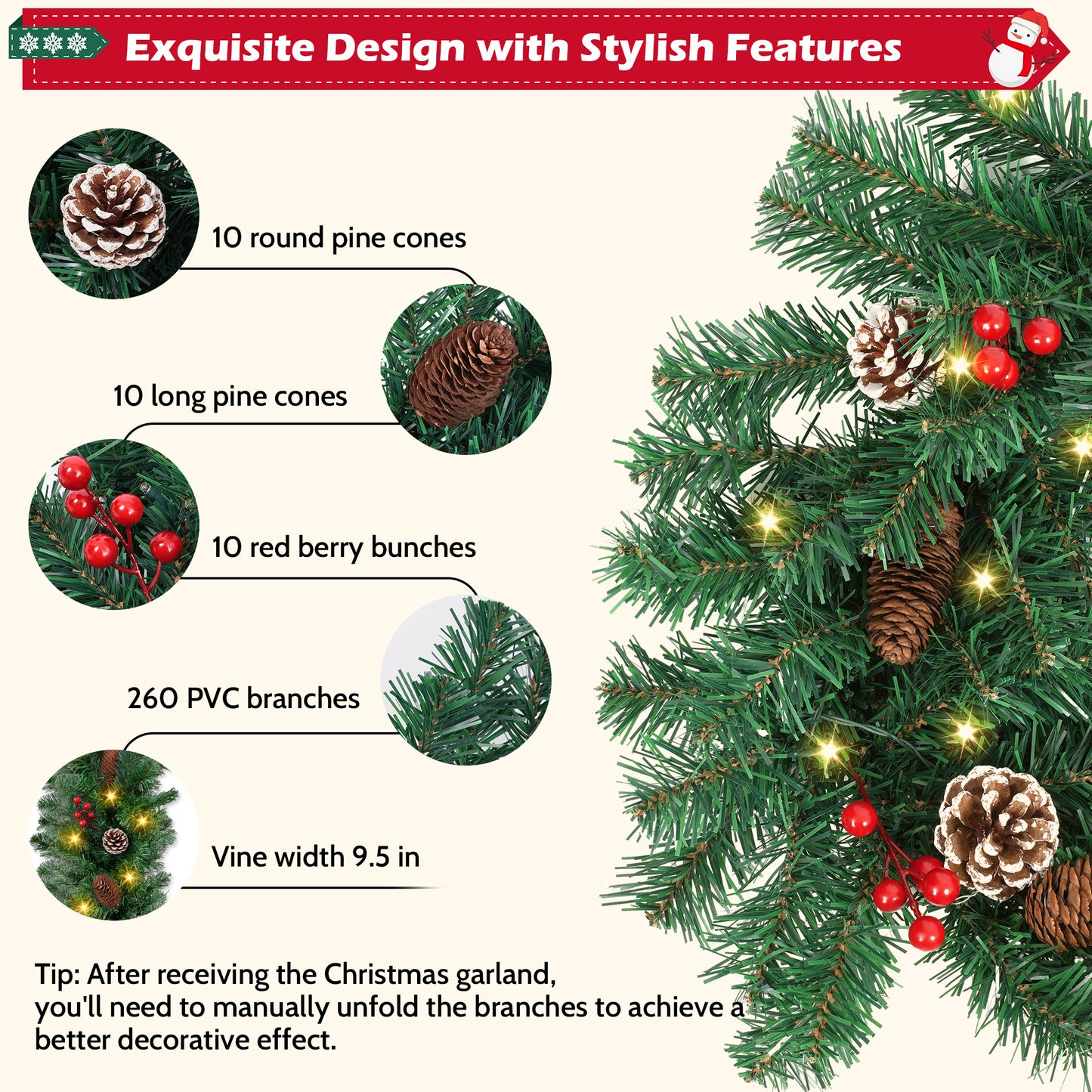 Yexmas 9ft Large Christmas Garland, Multi-Purpose Xmas Wreath with 60 LED Lights, Decorated with Pinecones, Berry Clusters, Battery Operated