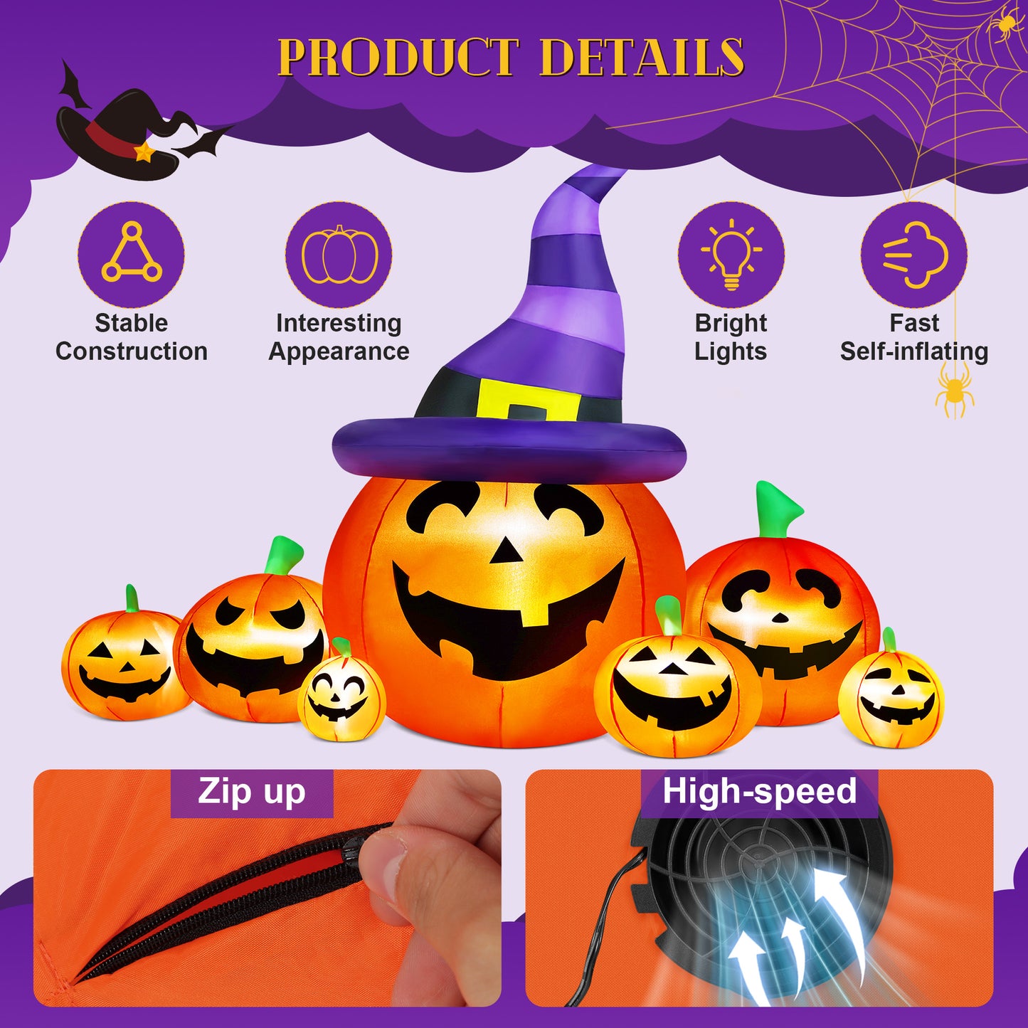 Yexmas 7.5FT Halloween Inflatable Pumpkin,Halloween Blow Ups with Witch Hat for Party Yard, Garden, Lawn, Indoor Outdoor Halloween Decor