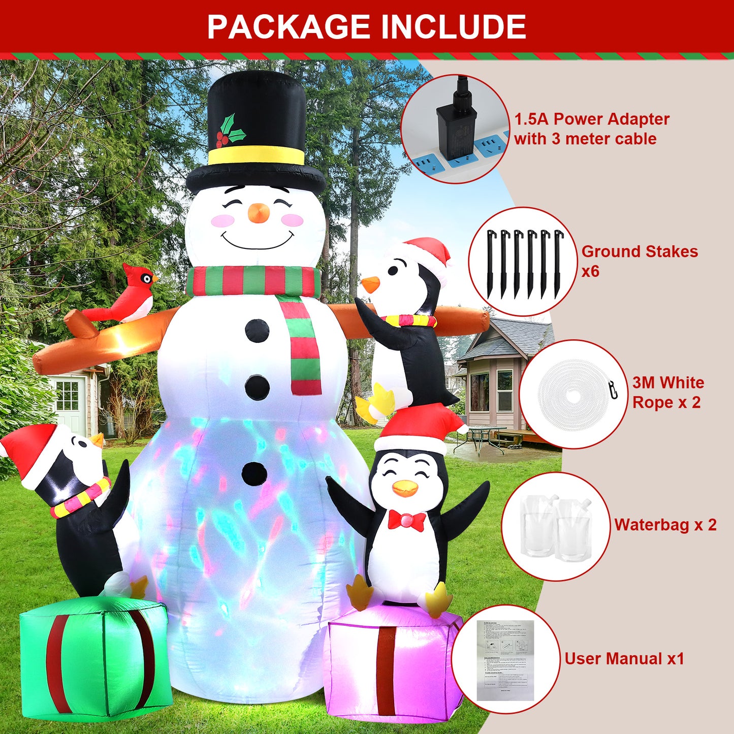 LOOKFLY 8 ft Giant Christmas Snowman Inflatable Outdoor Decoration with Build-in Multicolor LEDs, Blow Up Inflatables for Xmas Party Garden Patio Lawn