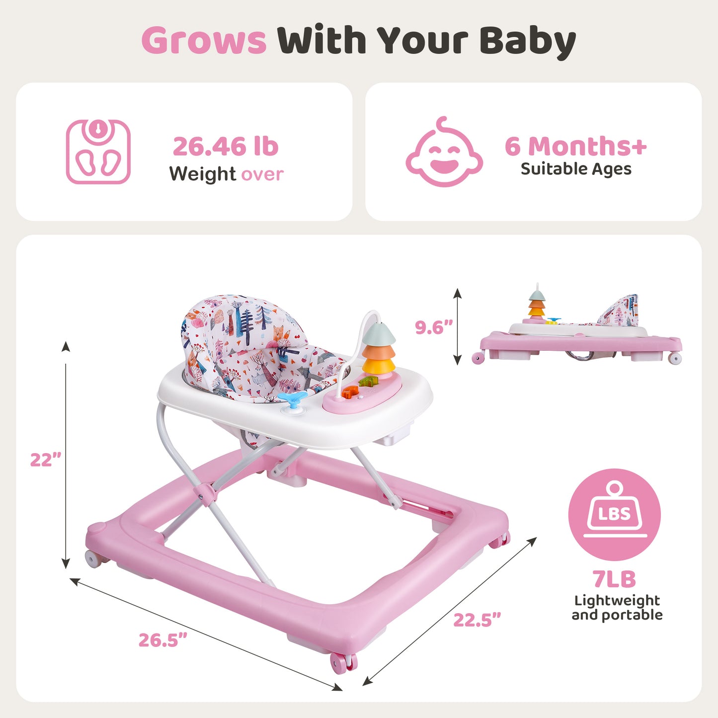 Babyeap Baby Walker,Foldable Baby Activity Walker with Wheels,Toddler Activity Centers,Removable Toys,Ages 6 Months +,Pink