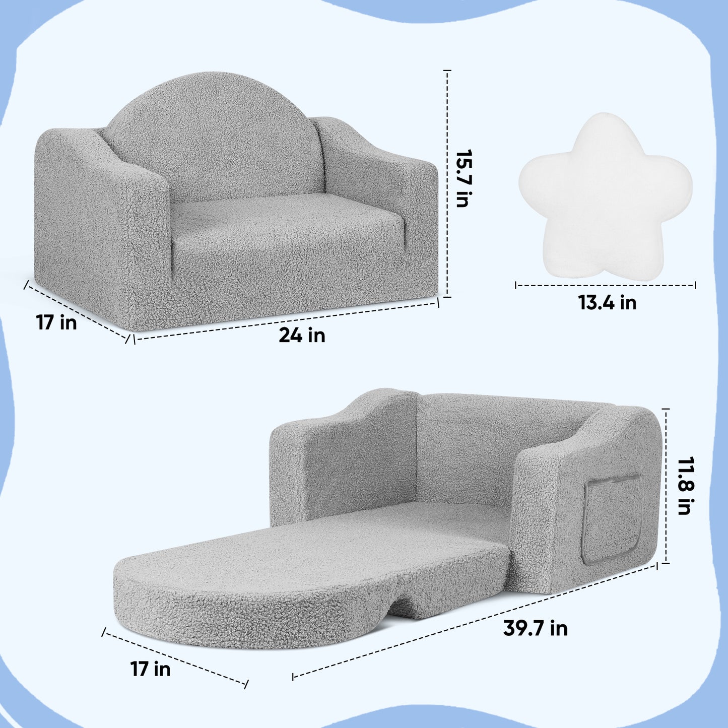 Babyeap Kids Sofa,2-in-1 Soft Toddler Couch Fold Out,Toddler Chair Baby Convertible Couch for Girls and Boys,Light Gray
