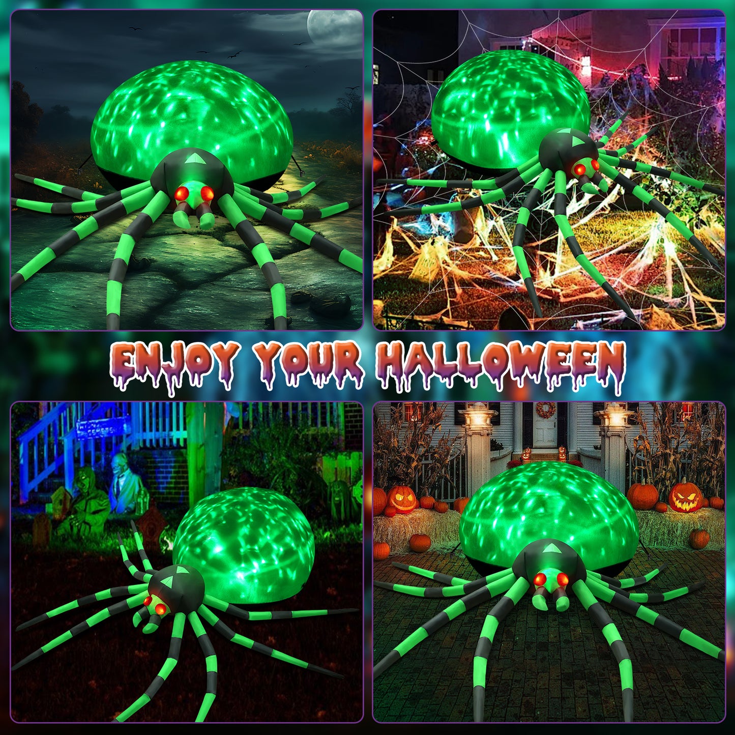 8FT Halloween Inflatables Outdoor Decorations Giant Spider Decorations with LED Lights and Air Pump Blow up Inflatable Green