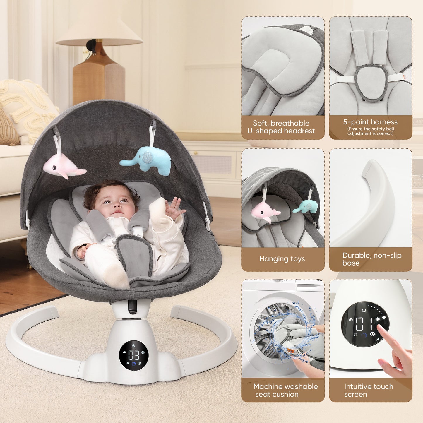 babyeap Baby Swing for Infants - Smart Electric Swing with Bluetooth Control 5-point Harness,5 Sway Speed,10 Lullabies(Gray 2)