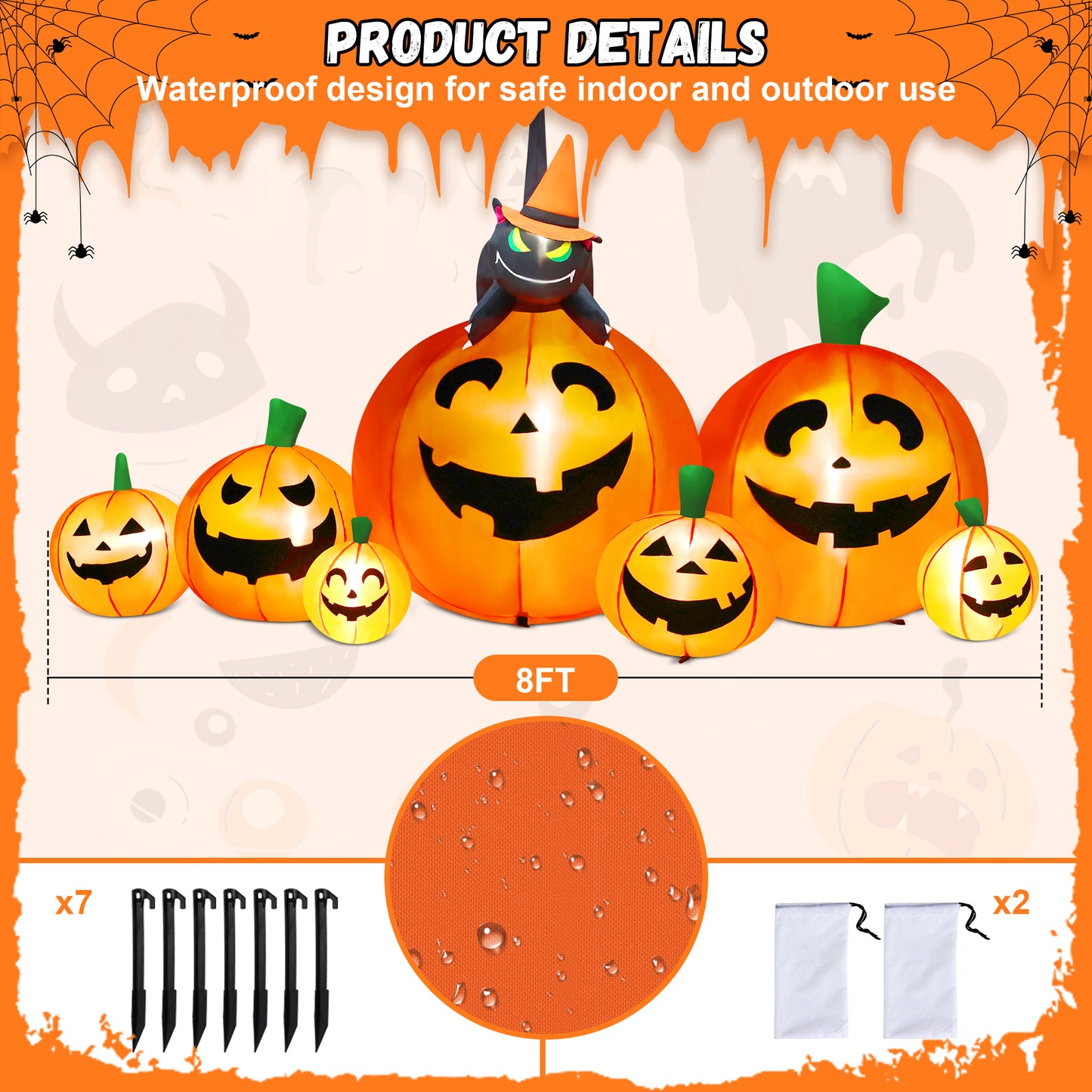 Yexmas 8FT Halloween Inflatables Outdoor Decorations Pumpkin,Halloween Blow Ups with Black Cat & 8 Built-in LED Lights for Halloween Party Yard Garden Lawn Decor