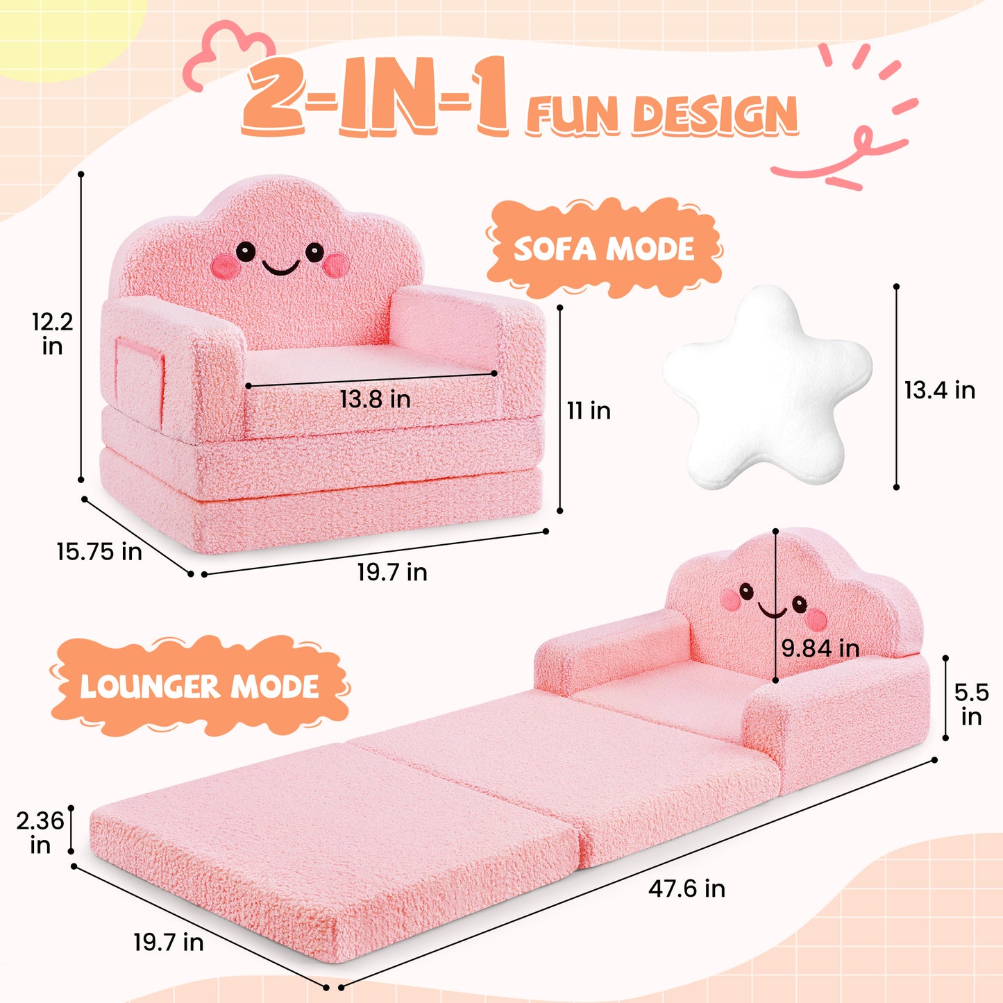babyeap 2-in-1 Kids Sofa,Fold Out Toddler Couch with Star Pillow,Soft Convertible Kids Chair for Girls and Boys,Pink