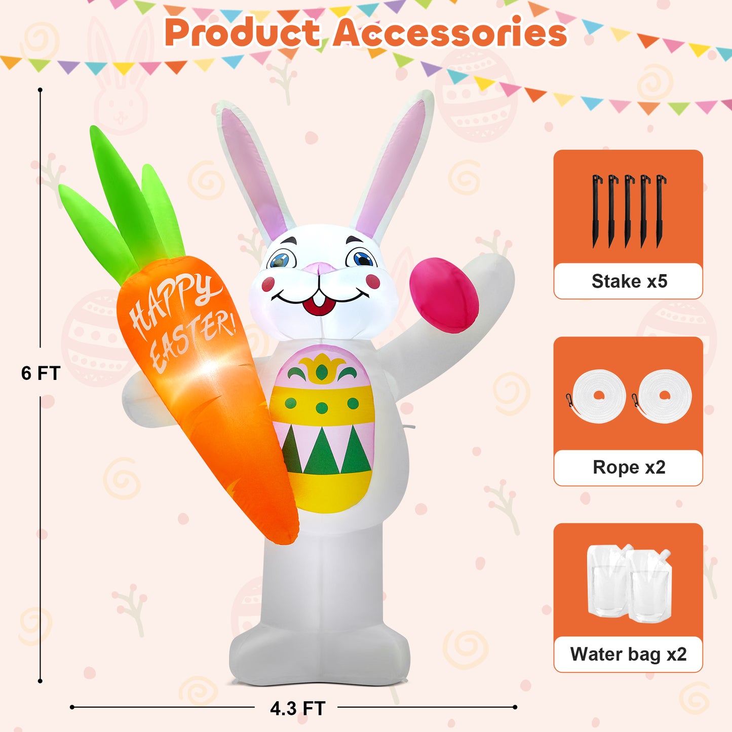 Yexmas 6FT Easter Inflatables Outdoor Decoration,Blow-Up Bunny Holding a Carrot and an Easter Egg with Built-in LED Lights for Yard Lawn Garden Decor