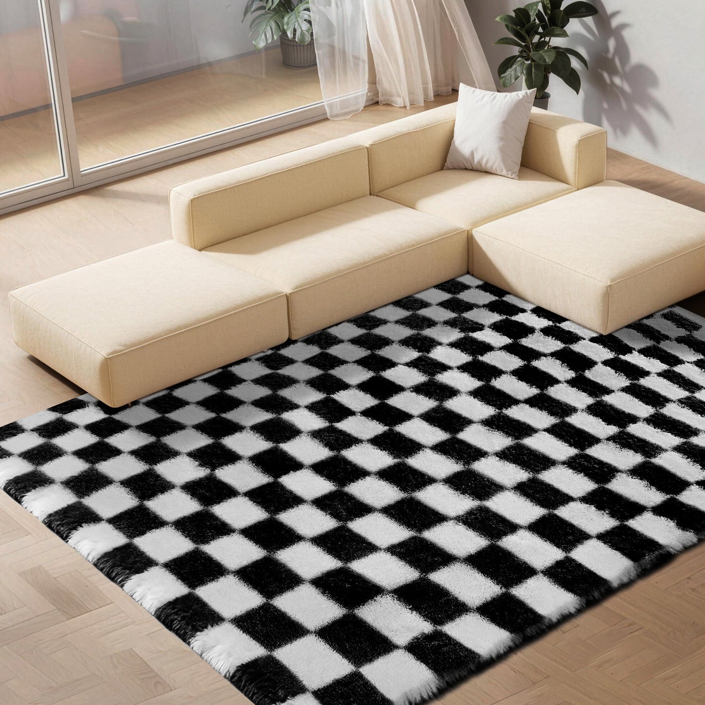 CozyDesg Shag Area Rugs,5'x8'/8' x 10' Soft Fluffy Floor Rugs Checkered Carpet，Washable Area Rugs for Living Room Bedroom Decor,Beige & White