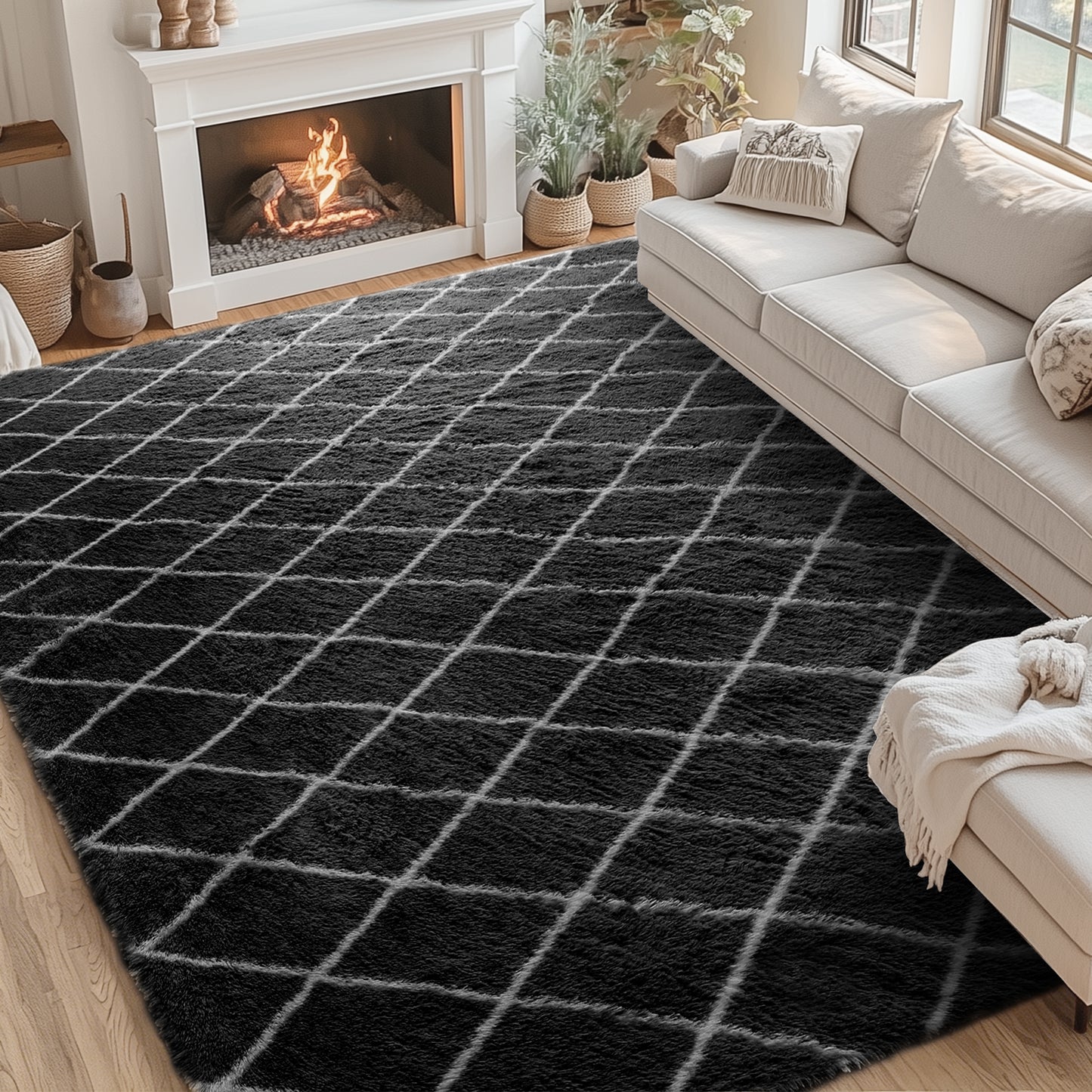 CozyDesg Shag Area Rugs,4'x6' Soft Fluffy Shaggy Carpet for Living Room,Large Rug for Bedroom Dining Room Home Decor Room Decor,Black & White