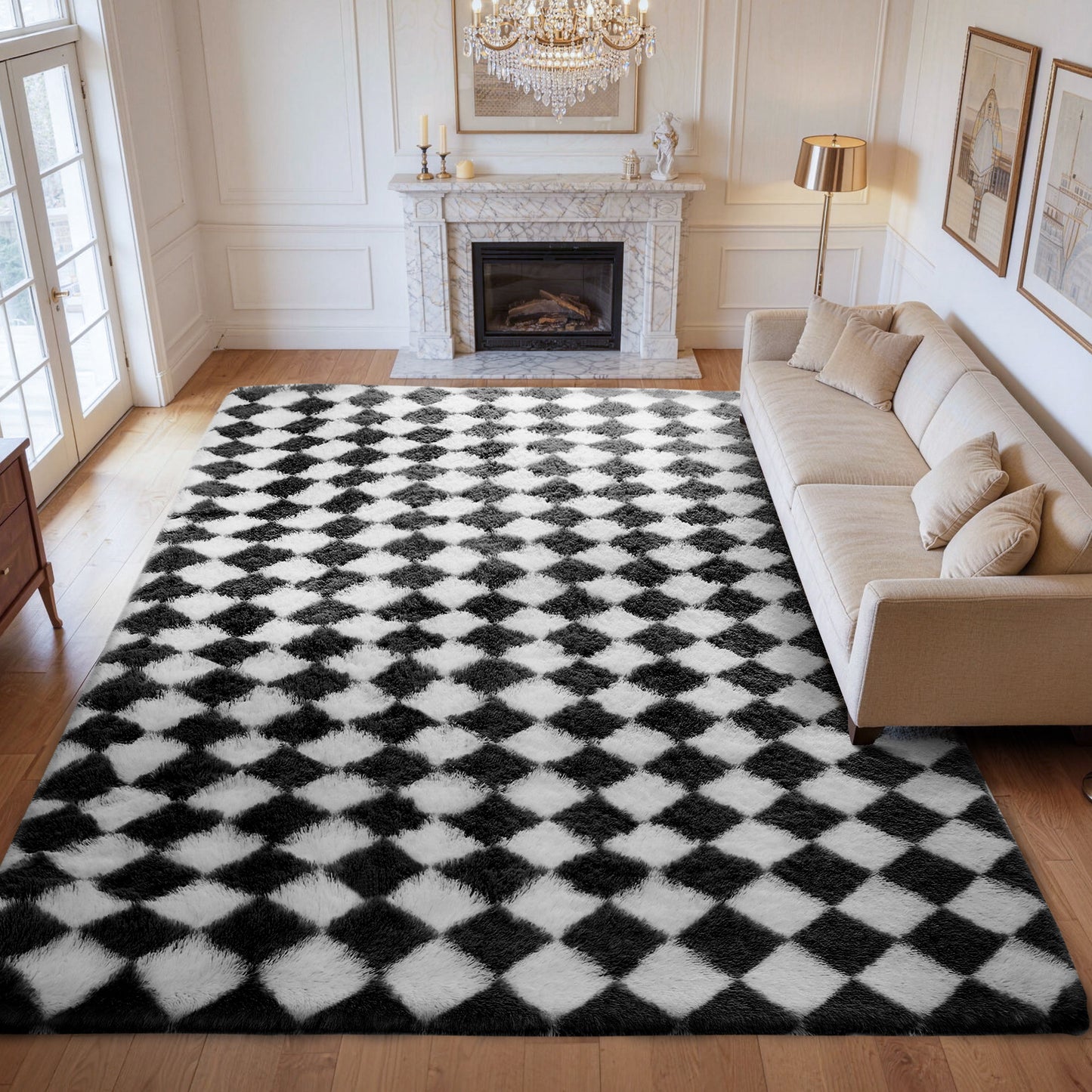 CozyDesg Large Rugs,4'x6' Soft Fluffy Shag Indoor Floor Carpet for Living Room Bedroom Dining Room Office Home Decor,Dark Gray & White