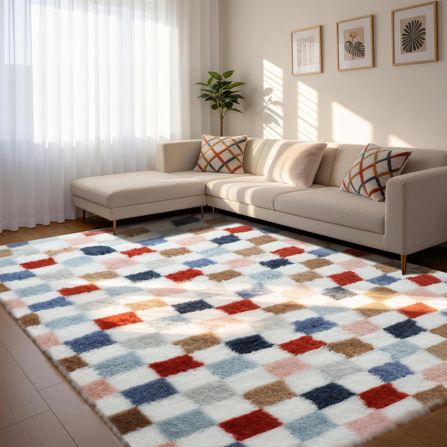 CozyDesg Shag Area Rugs,5'x8'/8' x 10' Soft Fluffy Floor Rugs Checkered Carpet，Washable Area Rugs for Living Room Bedroom Decor,Beige & White