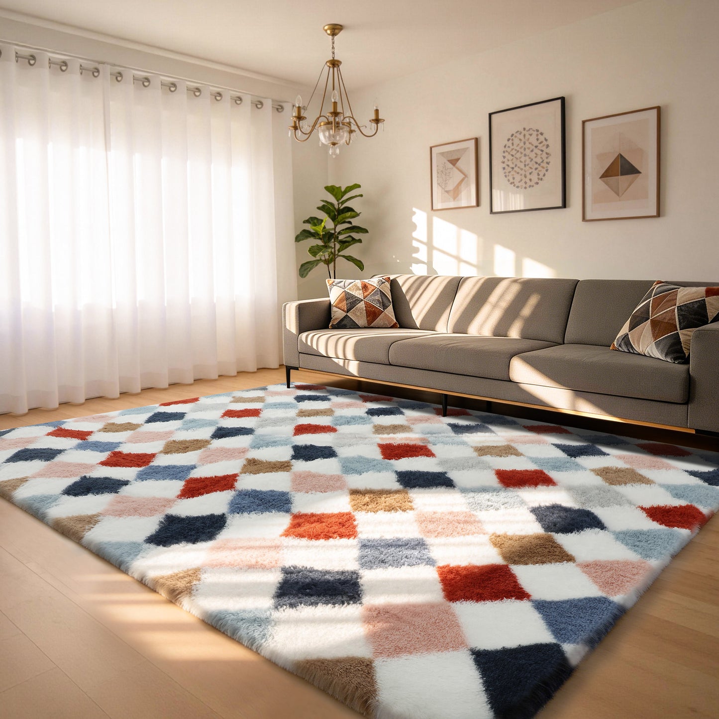 CozyDesg 4ftx6ft Area Rugs,Shag Fluffy Checkered Rugs for Living Room,Bedroom,Modern Room Decor Carpet, Non-Slip Floor Rug,Colorful B