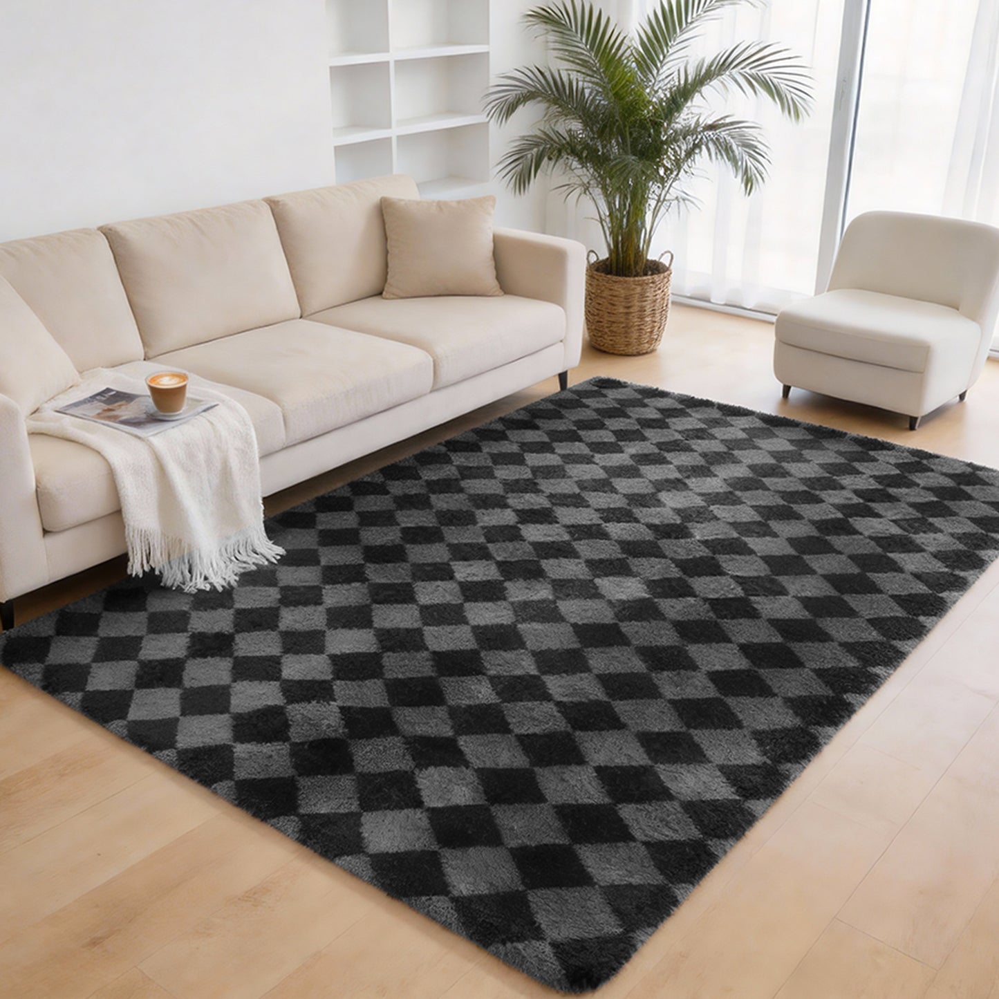 CozyDesg Large Rugs,4'x6' Soft Fluffy Shag Indoor Floor Carpet for Living Room Bedroom Dining Room Office Home Decor,Dark Gray & White