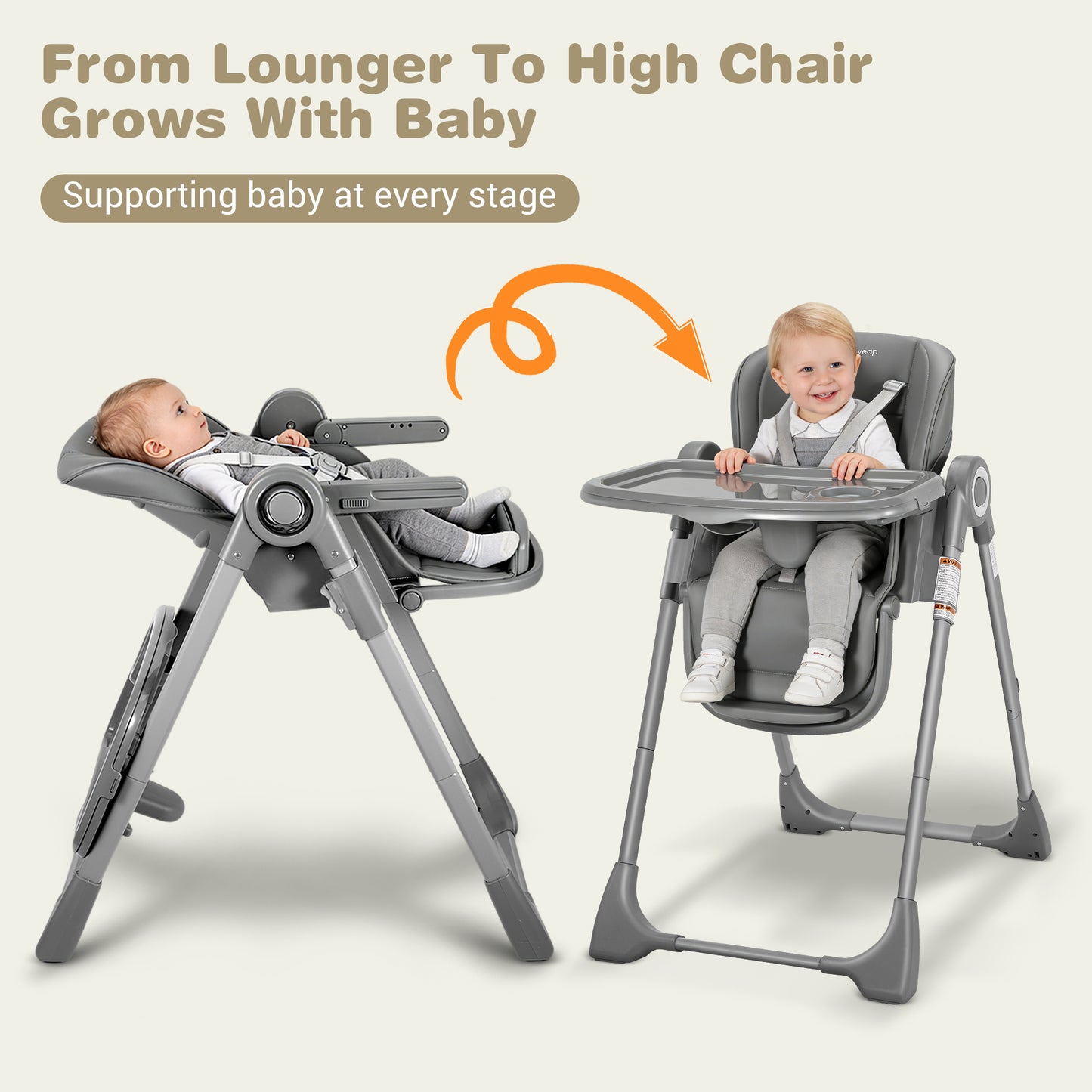 Babyeap Baby High Chair, Convertible Adjustable Feeding Chair with Removable Double Tray, Adjustable & Foldable Design Converts to Toddler Chair, for Babies & Toddlers,Gray