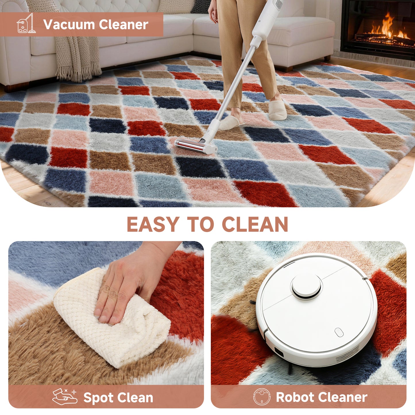 CozyDesg 4ftx6ft Area Rugs,Shag Fluffy Checkered Rugs for Living Room,Bedroom,Modern Room Decor Carpet, Non-Slip Floor Rug,ColorfulA