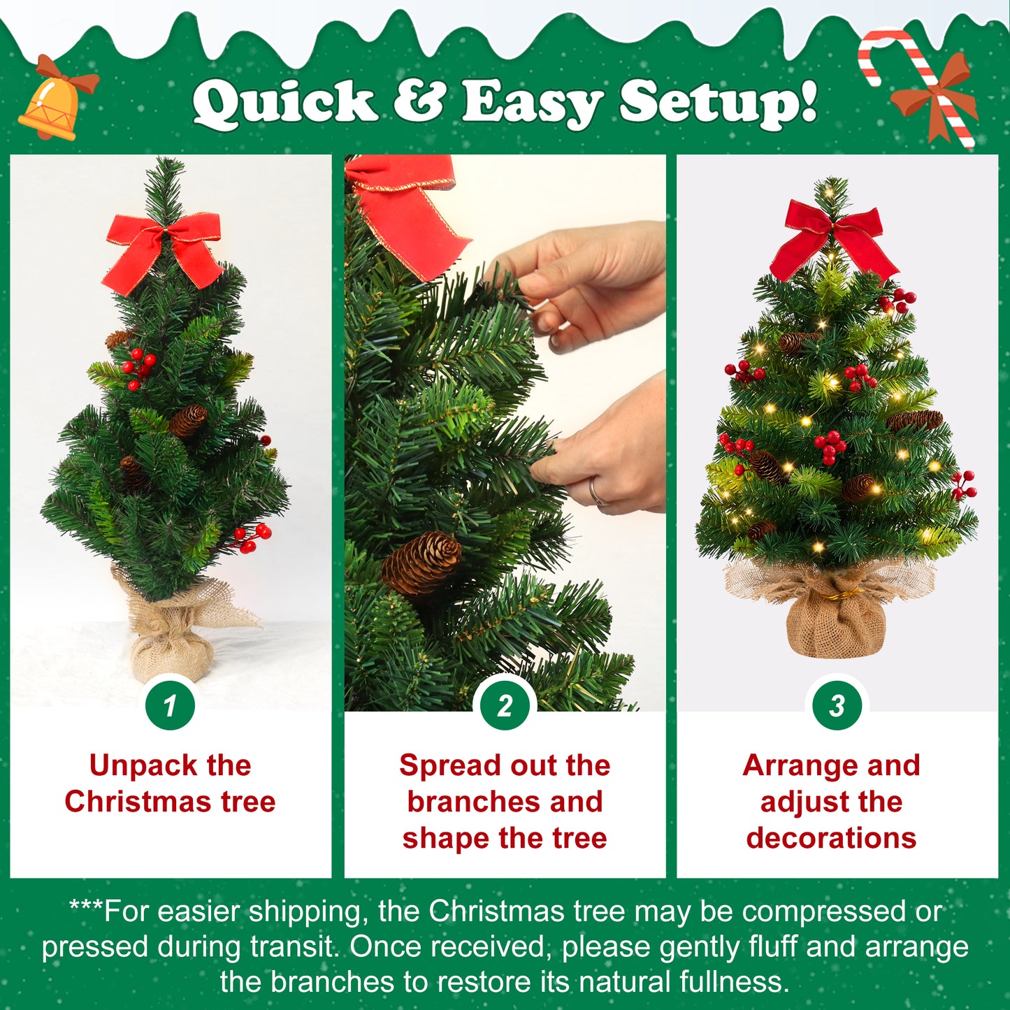 Yexmas 2PCS Pre-lit Artificial Mini Christmas Tree,24 Inch Small Tabletop Xmas Tree for Indoor Outdoor Christmas Decor