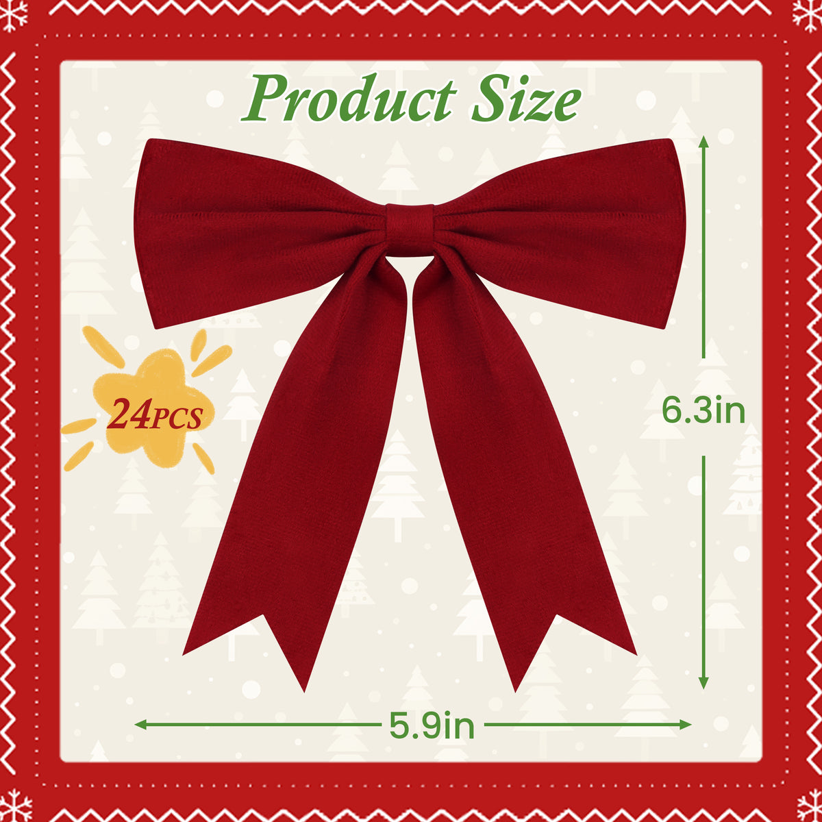 Yexmas 24pcs Burgundy Velvet Christmas Bows, Xmas Ribbon Bows Ornaments for Christmas Tree, Gift Wrapping,Crafts,Party, Wreath Garland Holiday Decor
