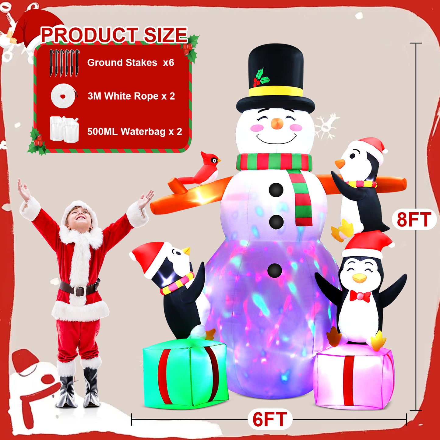 Yexmas 8 ft Giant Christmas Snowman Inflatable Outdoor Decoration with Build-in Multicolor LEDs, Blow Up Inflatables for Xmas Party Garden Patio Lawn