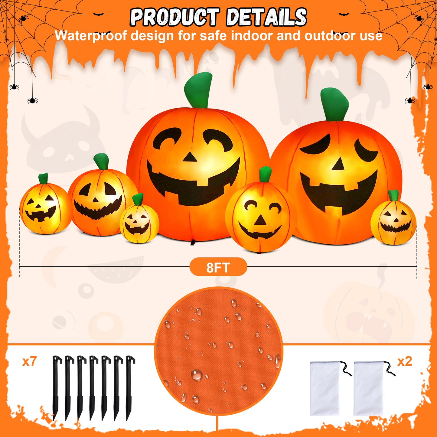 Yexmas 8 FT Halloween Inflatables Pumpkin,7 Pumpkins Halloween Outdoor Decoration with Built-in LED Lights,Halloween Blow Ups for Yard, Lawn, Garden Decor