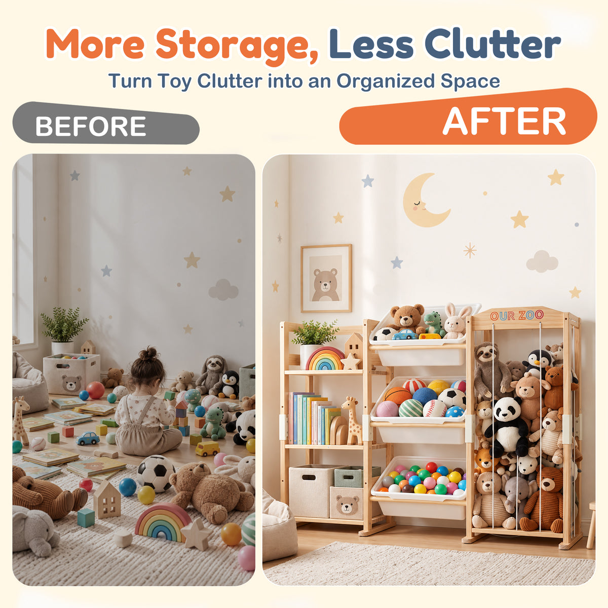 Babyeap 3-in-1 Wooden Toy Storage Organizer, Kids Bookshelf with 3 Removable Bins and Stuffed Animal Storage, Toy Holder for Playroom, Bedroom