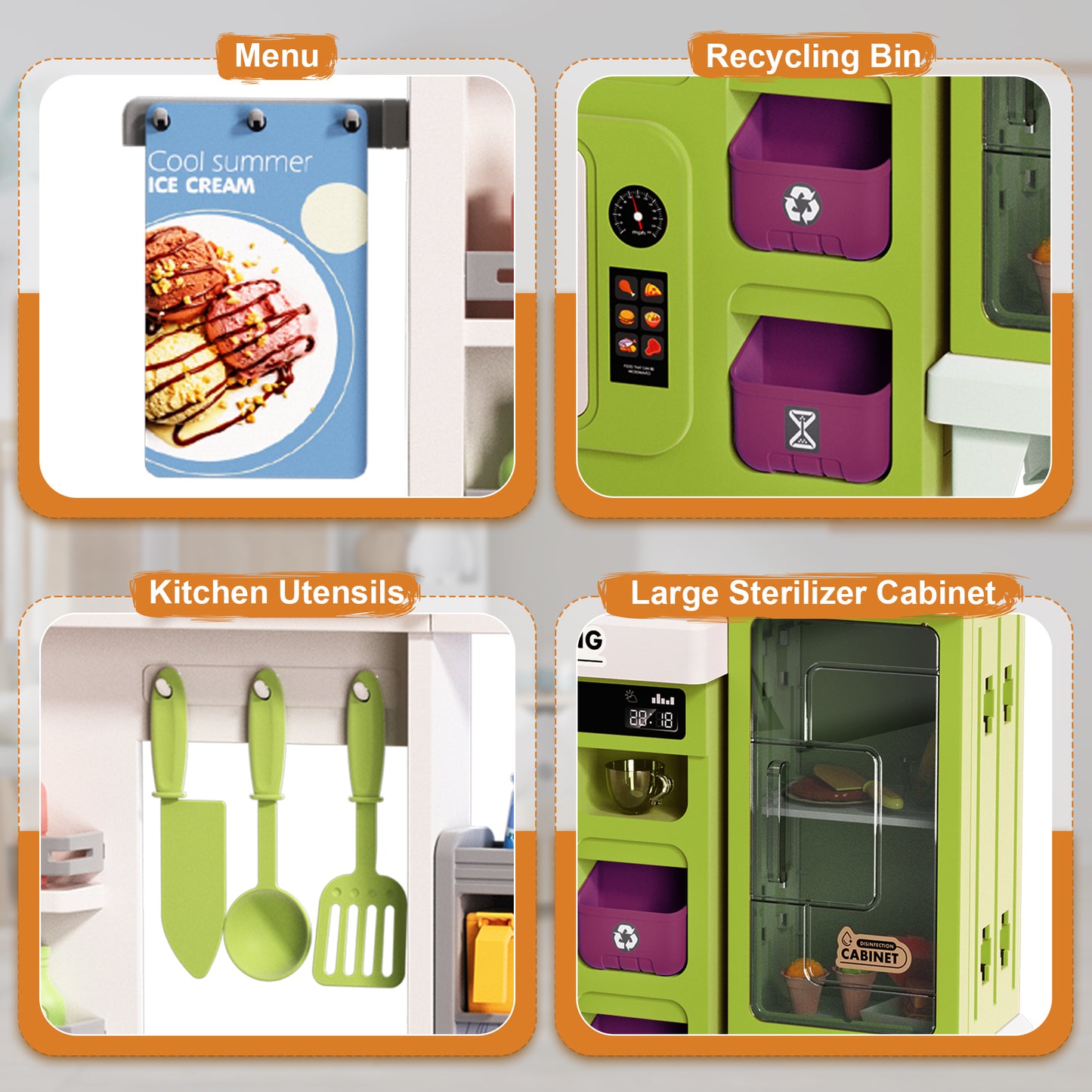 Lookfly Play Kitchens,68PCS Kids Kitchen Playset with Realistic Lights&Sounds,Toddler Kitchen Toy Gift for Boys and Grlis,Green 32.3"H