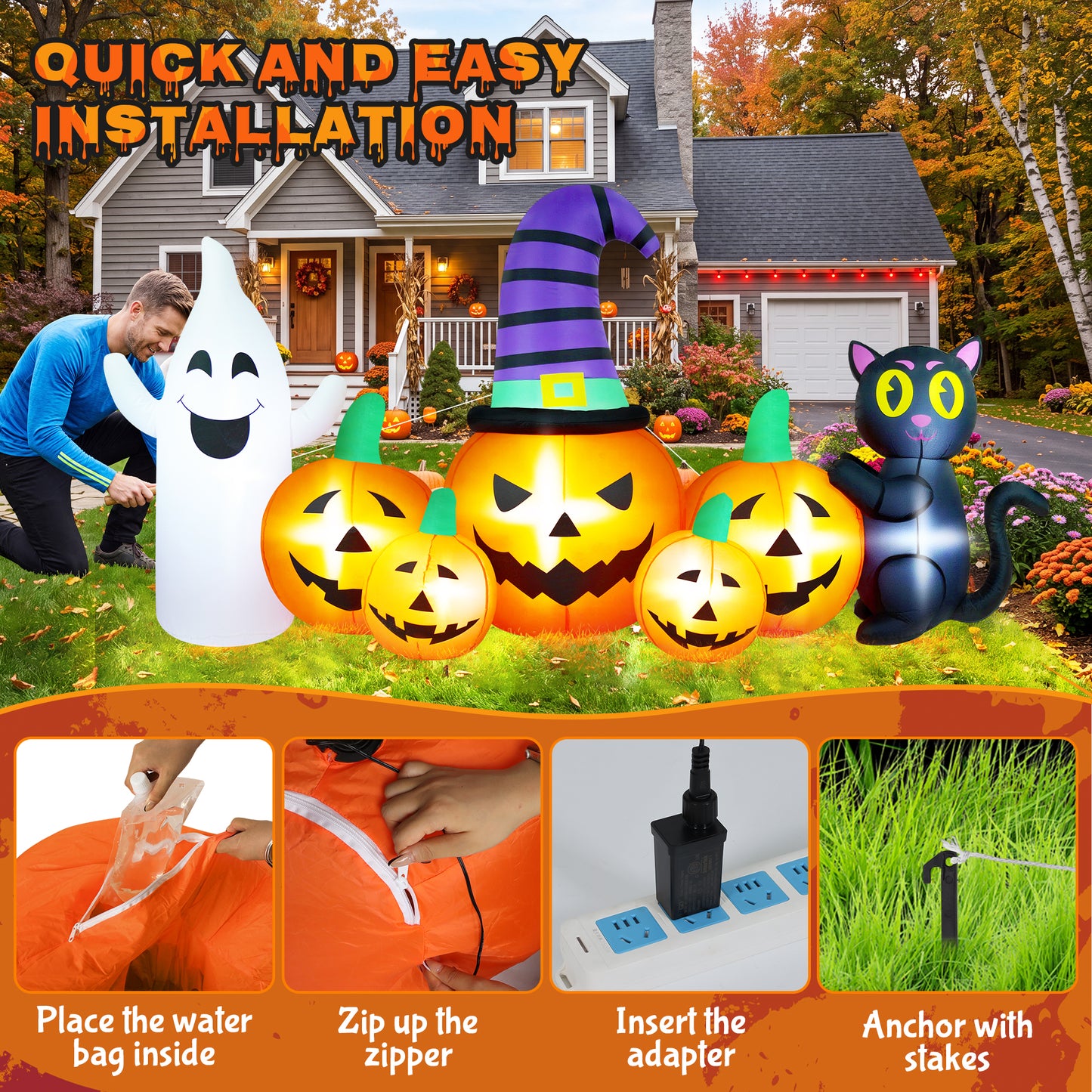 Yexmas 8FT Long Halloween Inflatable Pumpkin with Ghost and Black Cat,Outdoor Halloween Decoration with LED Lights for Yard Lawn Garden Porch Party Decor