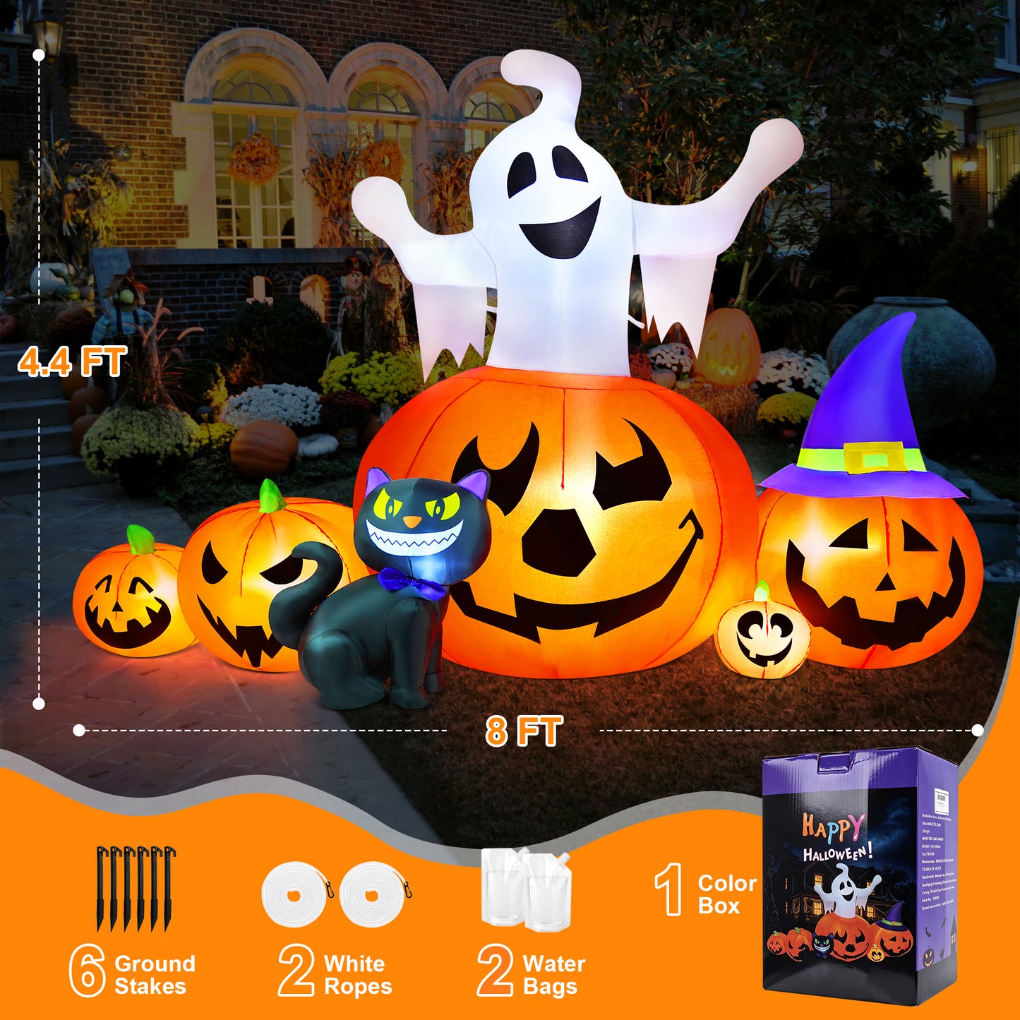 Yexmas 8FT Halloween Inflatable Decoration with Ghost, Black Cat and Pumpkins,Built-in LED Lights, Blow Up Halloween Yard Decor for Indoor/Outdoor Party,Yard, Lawn