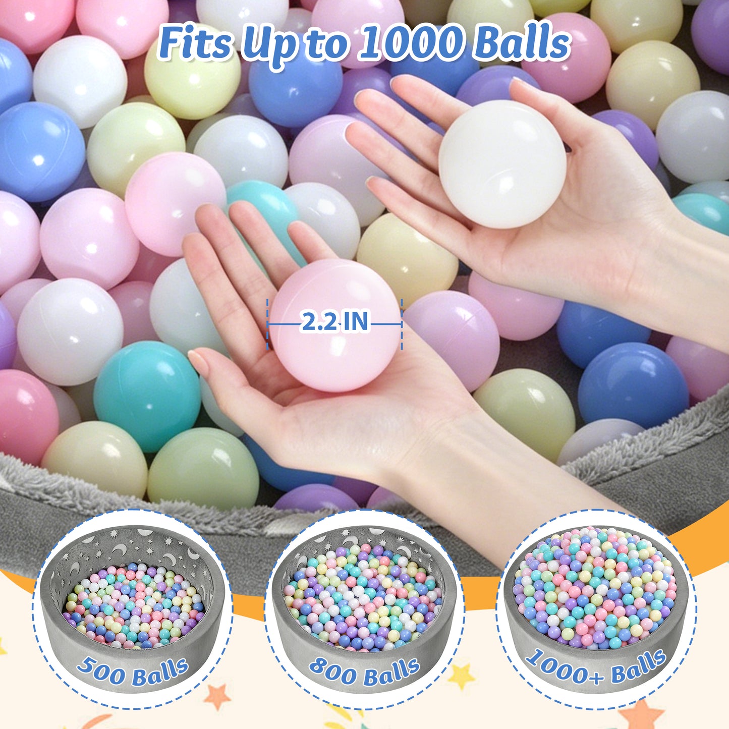 babyeap Ball Pit with 65 Balls,Glowing Foam Ball Pit for Toddlers,Large Soft Baby Playpen Ball Pool for Indoor & Outdoor Play,Round Kids Play Pit,Gray