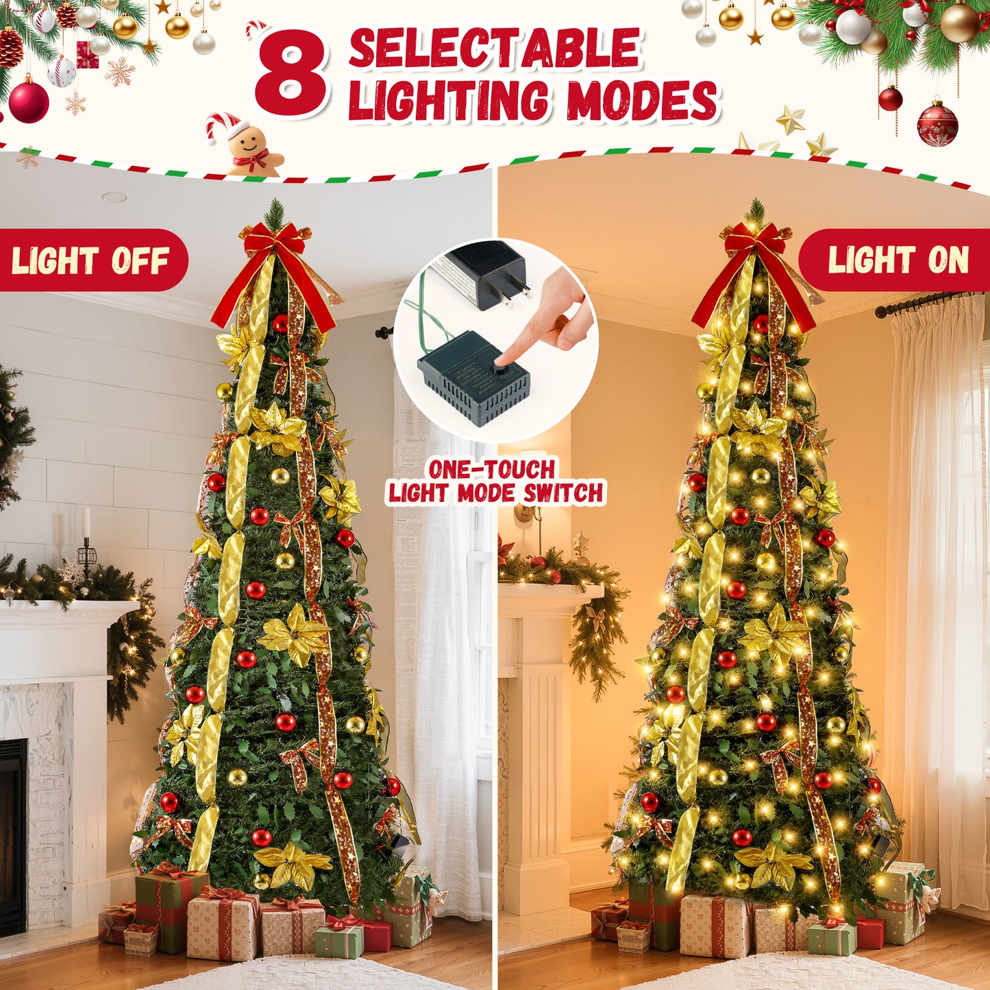 Lookfly 7.5FT Pre-Lit Christmas Tree,Green Pop Up Christmas Trees for Indoor Holiday Party Decorations