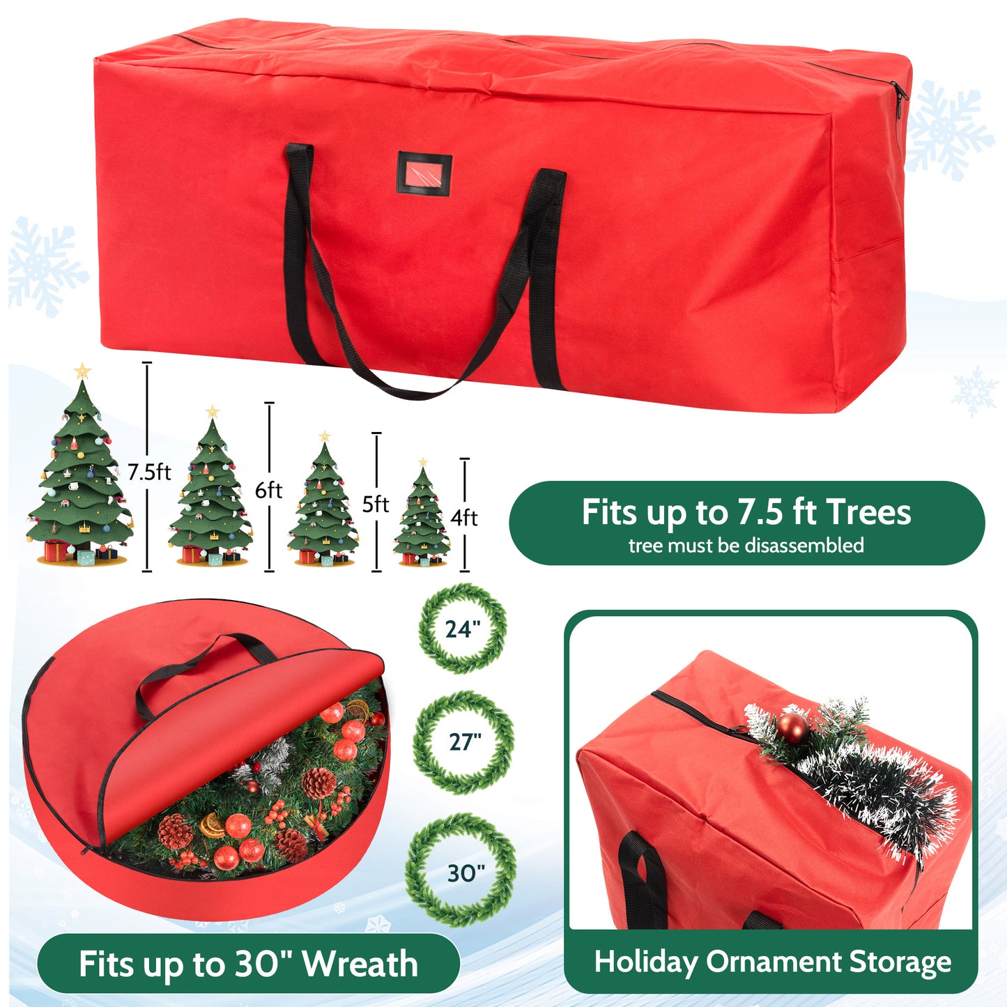 Yexmas 3 Pack Large Christmas Tree Storage Bag,Fits up to 7.5 ft Artificial Trees,Christmas Wreath Garland Storage Bag,Christmas Ornament Storage Box,Reinforced Handles & zipper,Red