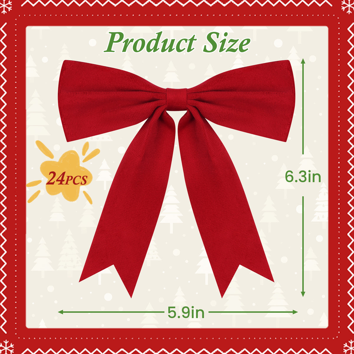 Yexmas 24pcs Burgundy Velvet Christmas Bows, Xmas Ribbon Bows Ornaments for Christmas Tree, Gift Wrapping,Crafts,Party, Wreath Garland Holiday Decor