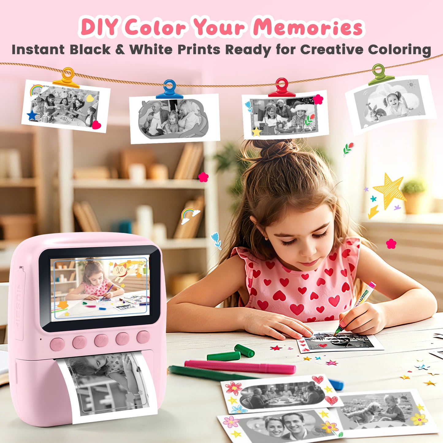 Yexmas Instant Print Toys Camera for Kids, 1080P HD Camera with 32GB SD Card, 3 Paper Rolls, Color Pens & Lanyard, Pink