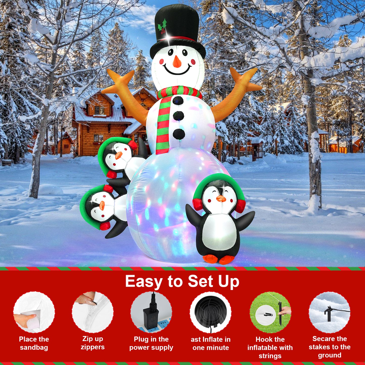 LOOKFLY 6.3  ft Christmas Snowman Inflatable Outdoor Decoration with Build-in Multicolor LEDs, Snowman Penguin Blow up Inflatables for Xmas Party