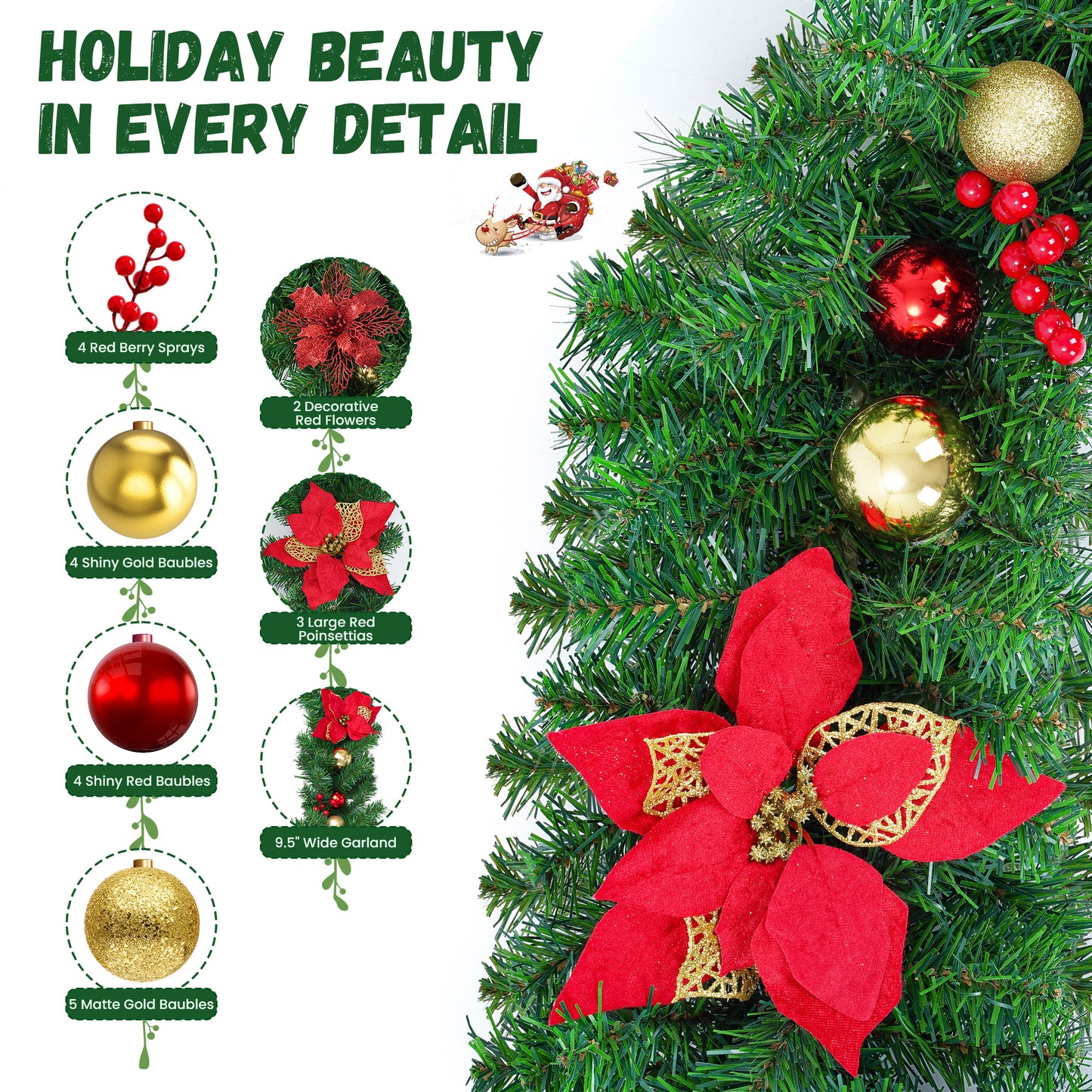 Yexmas 9FT Pre-Lit Christmas Garland with LED Lights,Decorated with Red Poinsettias,Berries and Ball Ornaments,Battery Operated Xmas Garland for Mantel,Stair,Door