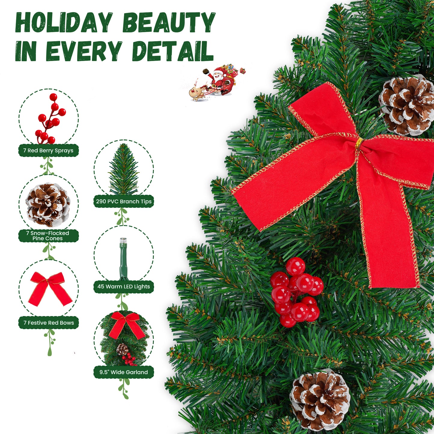 Yexmas 9FT Pre-Lit Christmas Garland with LED Lights, Decorated with Bows, Pinecones and Berry Clusters, Battery Operated Xmas Garland for Mantel, Stair, Door