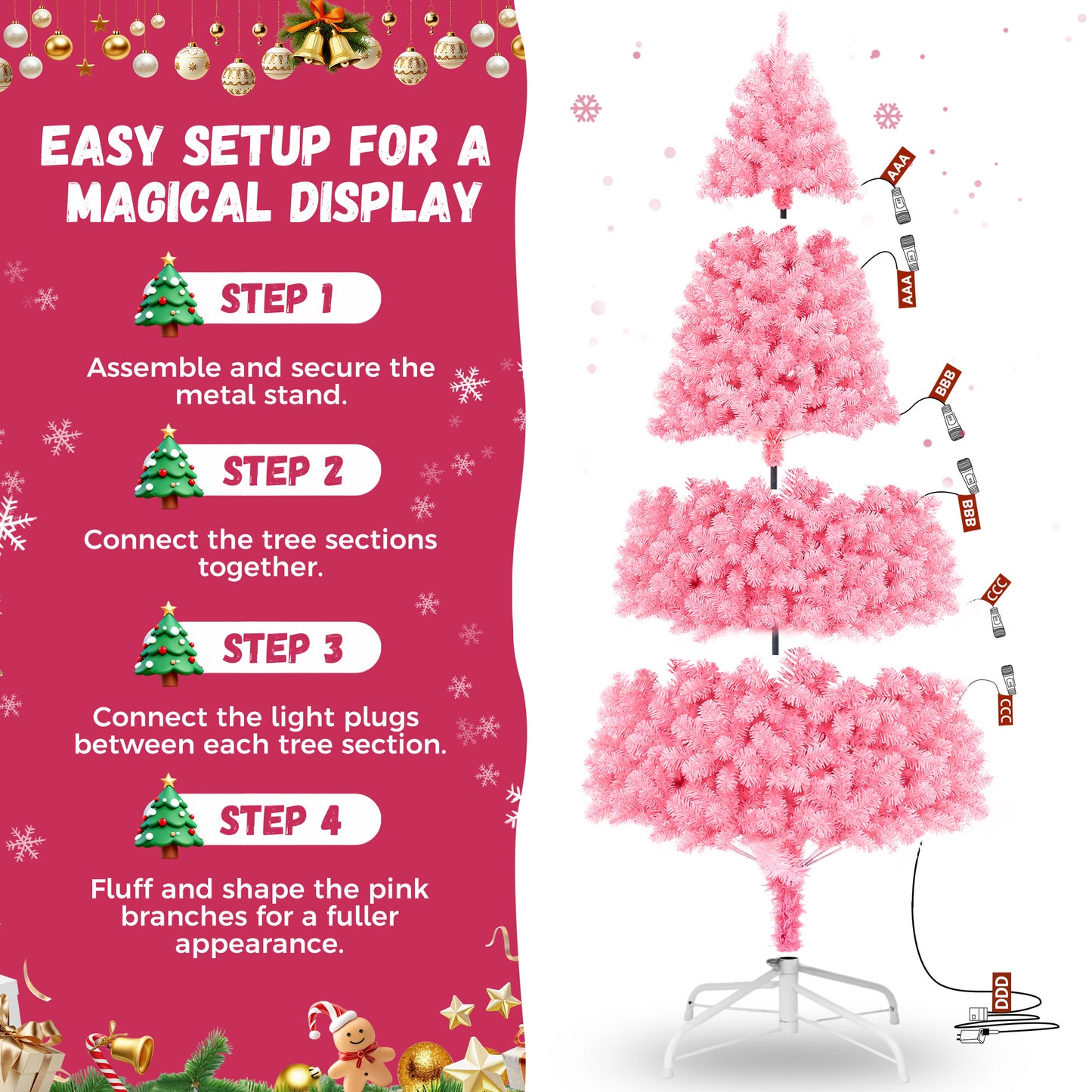 Yexmas 9ft Pre-Lit Pink Christmas Tree,Artificial Christmas Tree with 2000 PVC Branches,650 Multicolor Lights,Metal Hinges,Xmas Tree for Home,Holiday Party Decorations