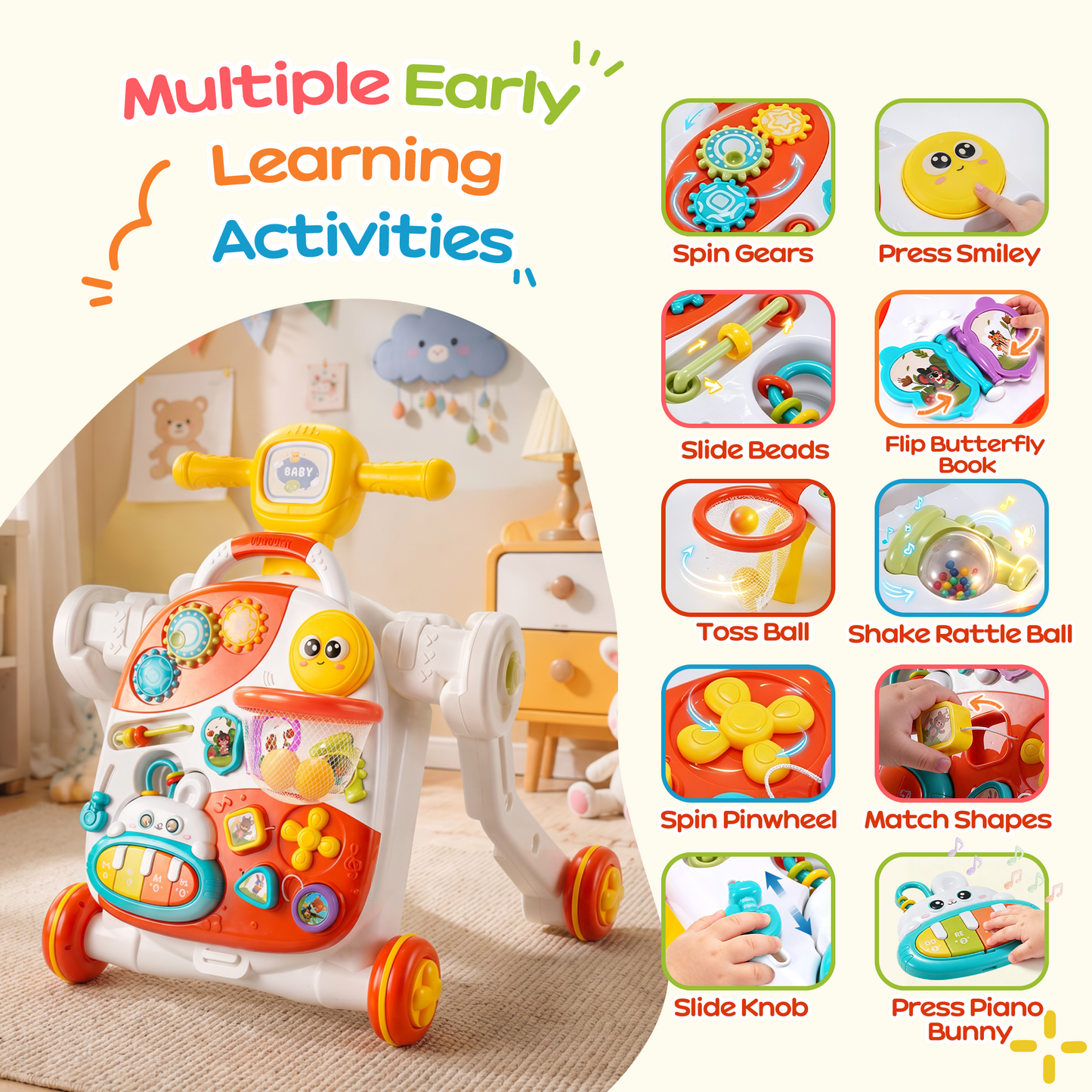 Yexmas 4-in-1 Baby Walker, Baby Push Walker with Wheels, Sit-to-Stand Baby Activity Center, Early Learning Walking Toys, Birthday&Christmas Gift for Toddlers