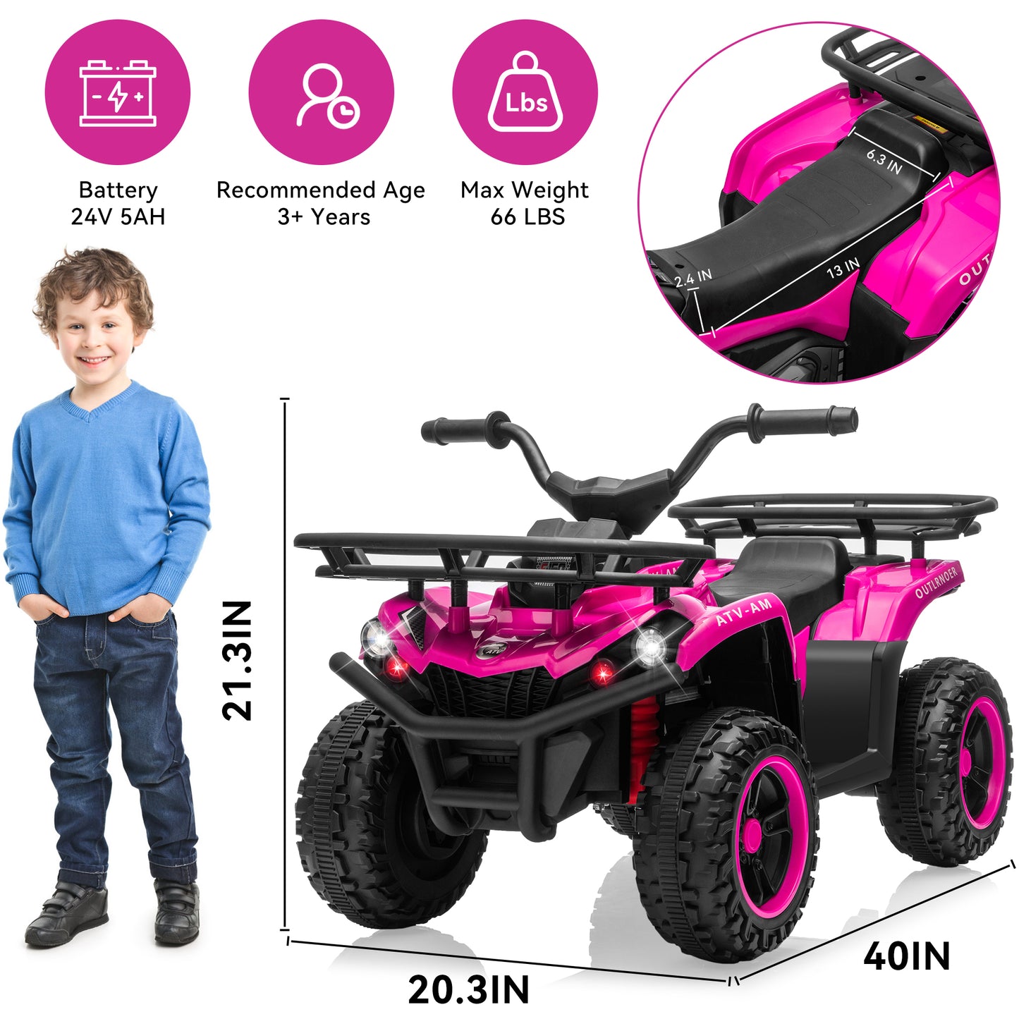Yexmas 24V Kids ATV,Electric ATV for Kids 4 Wheelers Quad Car Toy, Ride On Toy Car As Gift for Kids,Pink