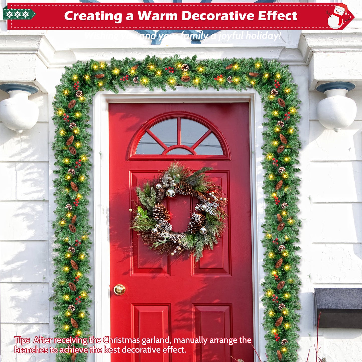 Yexmas 9ft Large Christmas Garland, Multi-Purpose Xmas Wreath with 60 LED Lights, Decorated with Pinecones, Berry Clusters, Battery Operated