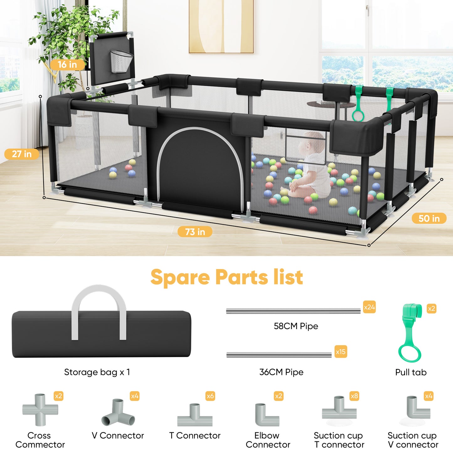 babyeap Baby Playpen,73 Inch Extra Large Baby Playard,Playpen for Babies and Toddlers With Basketball Hoop,Children Kids Play Fence for Indoors Outdoors,Black 2