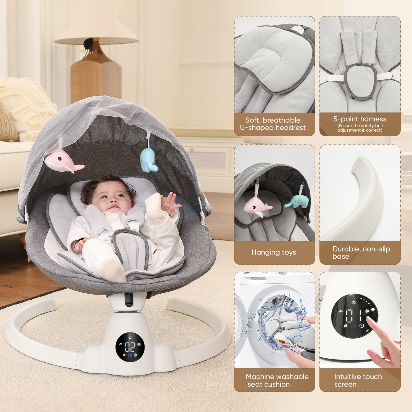 Babyeap Baby Swing for Infants - Smart Electric Swing with Bluetooth Control 5-point Harness,5 Sway Speed,10 Lullabies(Gray)