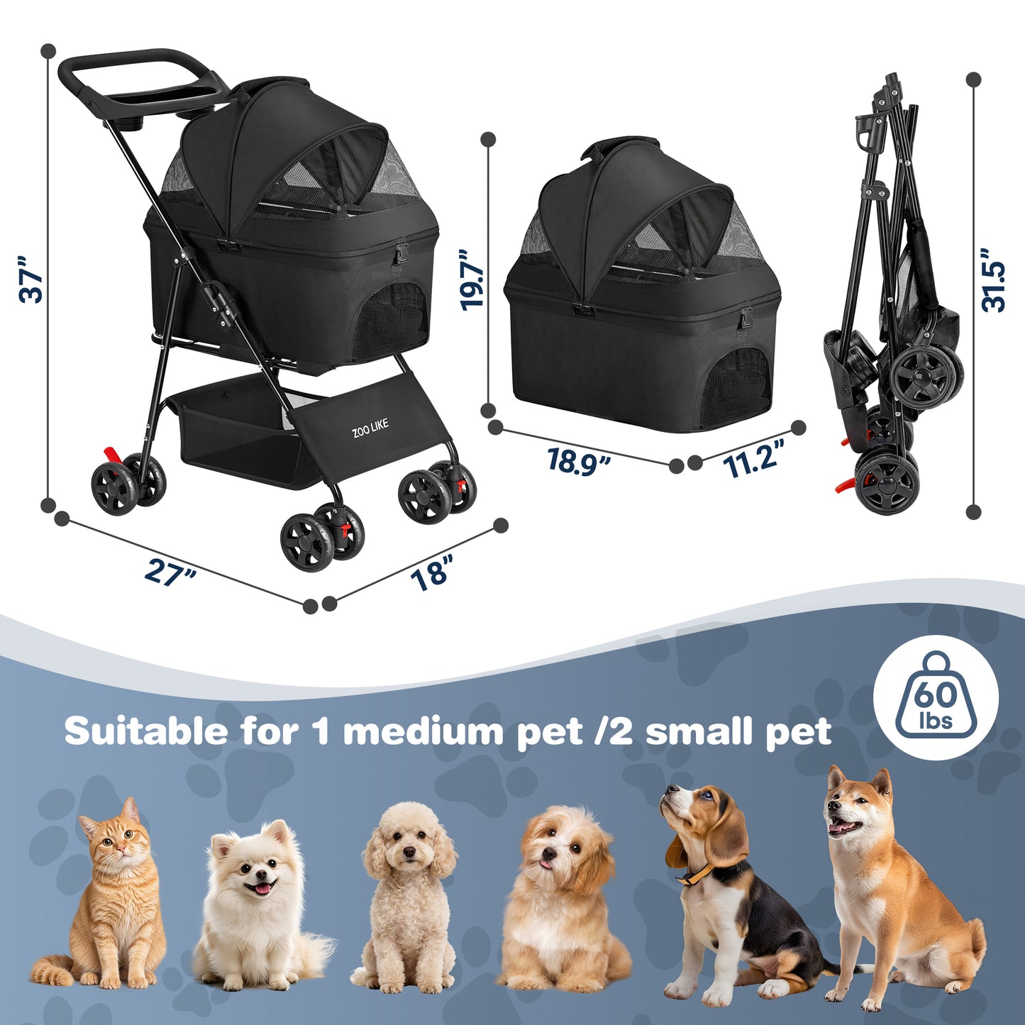 Zoolike 3 in 1 Pet Stroller for Dogs and Cats,4 Wheel Foldable Stroller with Detachable Carrier&Storage Basket,Black
