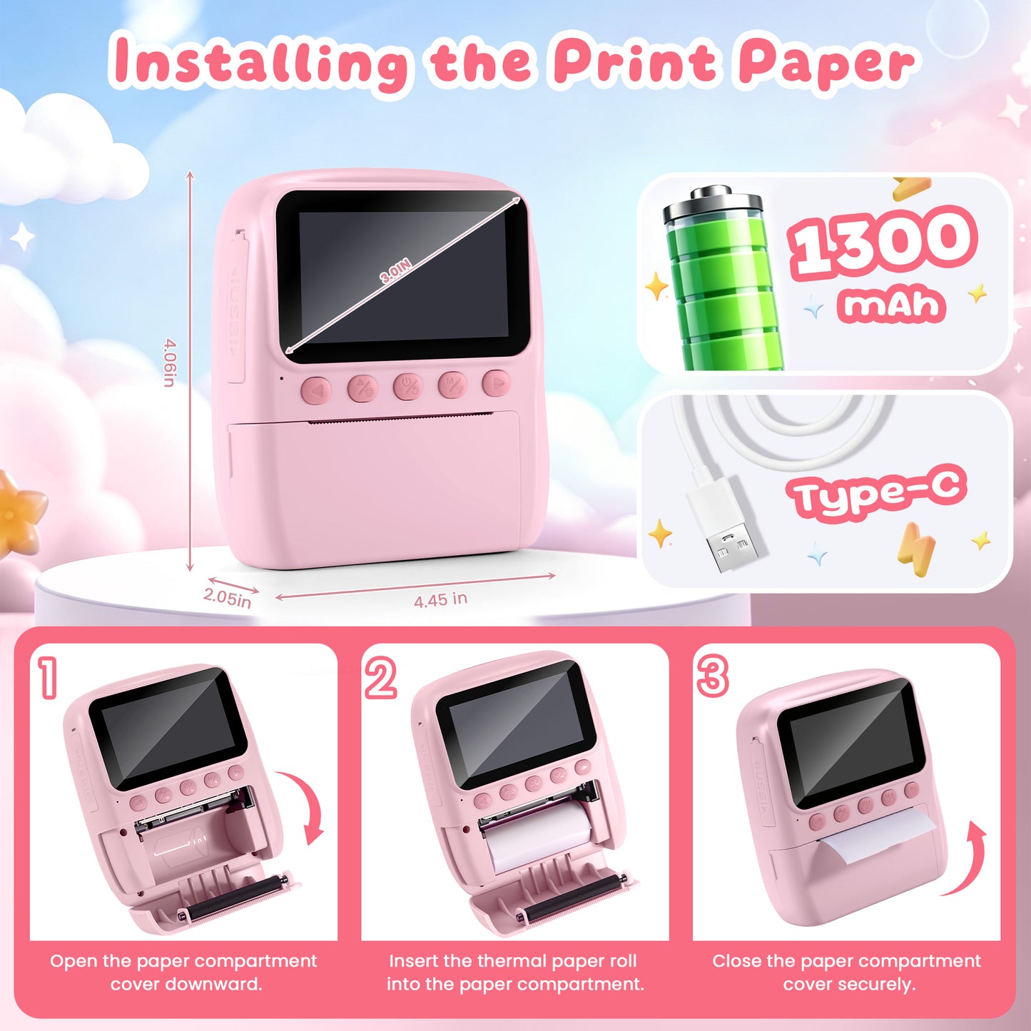 Yexmas Instant Print Toys Camera for Kids, 1080P HD Camera with 32GB SD Card, 3 Paper Rolls, Color Pens & Lanyard, Pink