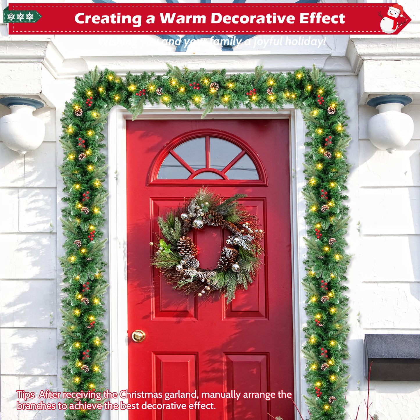Yexmas 9ft Large Christmas Garland, Multi-Purpose Xmas Wreath with 90 LED Lights, Battery Operated