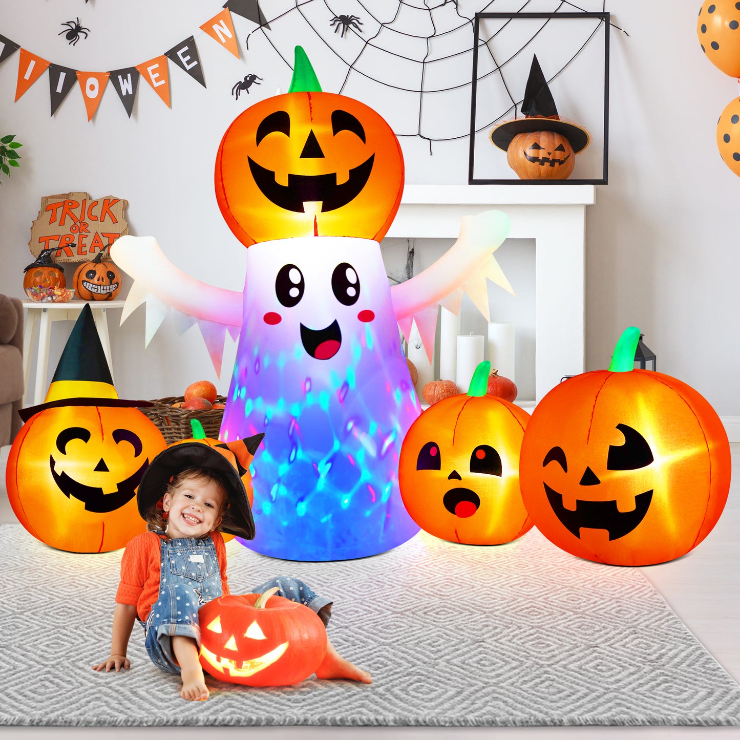 Yexmas 9.4ft Halloween Inflatable Pumpkins Outdoor Decor with Black Cat Tombstone and Spectre,Built-in LED Lights,for Halloween Party,Yard,Garden,Lawn