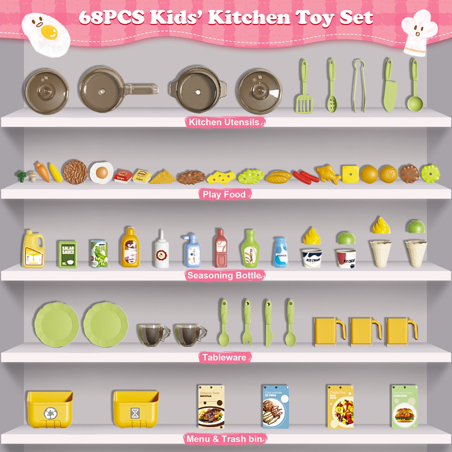 Lookfly Play Kitchens,68PCS Kids Kitchen Playset with Realistic Lights&Sounds,Toddler Kitchen Toy Gift for Boys and Grlis,Pink 32.3"H
